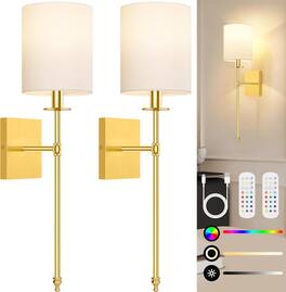 Nordic Hygge - 27 Inch Wall Sconces Battery Operated Set of 2, Rechargeable Wireless Wall Sconces Lights with Remote, Not Hardwired - Gold and White