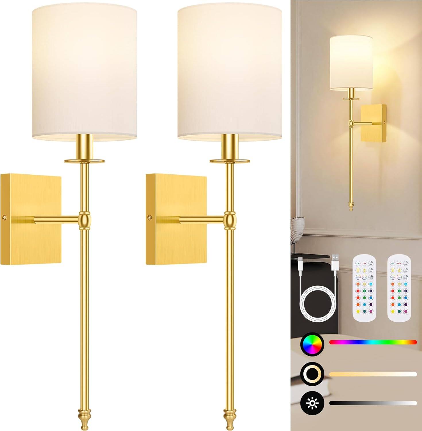 Front. Nordic Hygge - 27 Inch Wall Sconces Battery Operated Set of 2, Rechargeable Wireless Wall Sconces Lights with Remote, Not Hardwired - Gold and White.