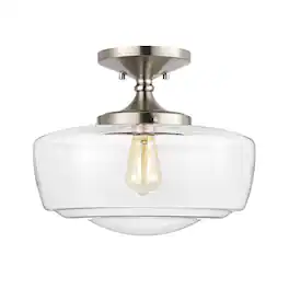 Jonathan Y - Marfa 14" 1-Light Modern Farmhouse Schoolhouse Frosted Glass/Metal LED Semi Flush Mount - Nickel