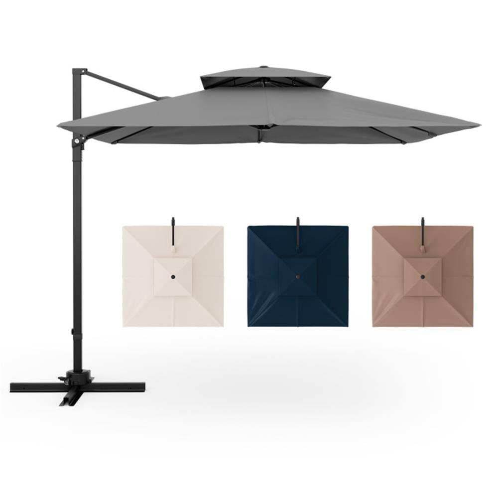 Left. Kadyn - Outdoor Garden Umbrella,Market Umbrella,9.5 Feet Cantilever Patio Umbrella with 360° Rotation and Double Top-Gray.