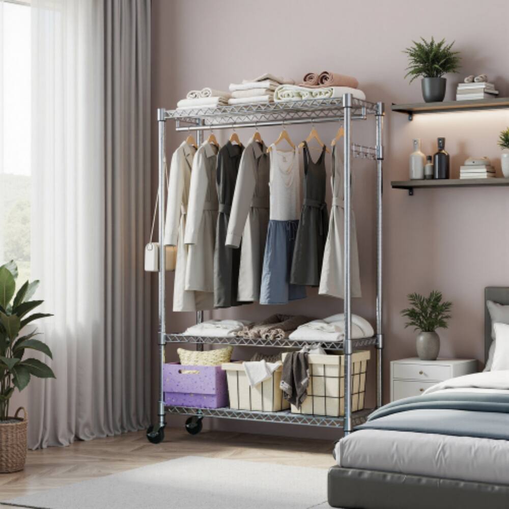 Angle. LUCKY ONE - 75.6" H Heavy Duty Rolling Garment Rack w/ 1 Rod Adjustable Shelves 3-Tier - Chrome.