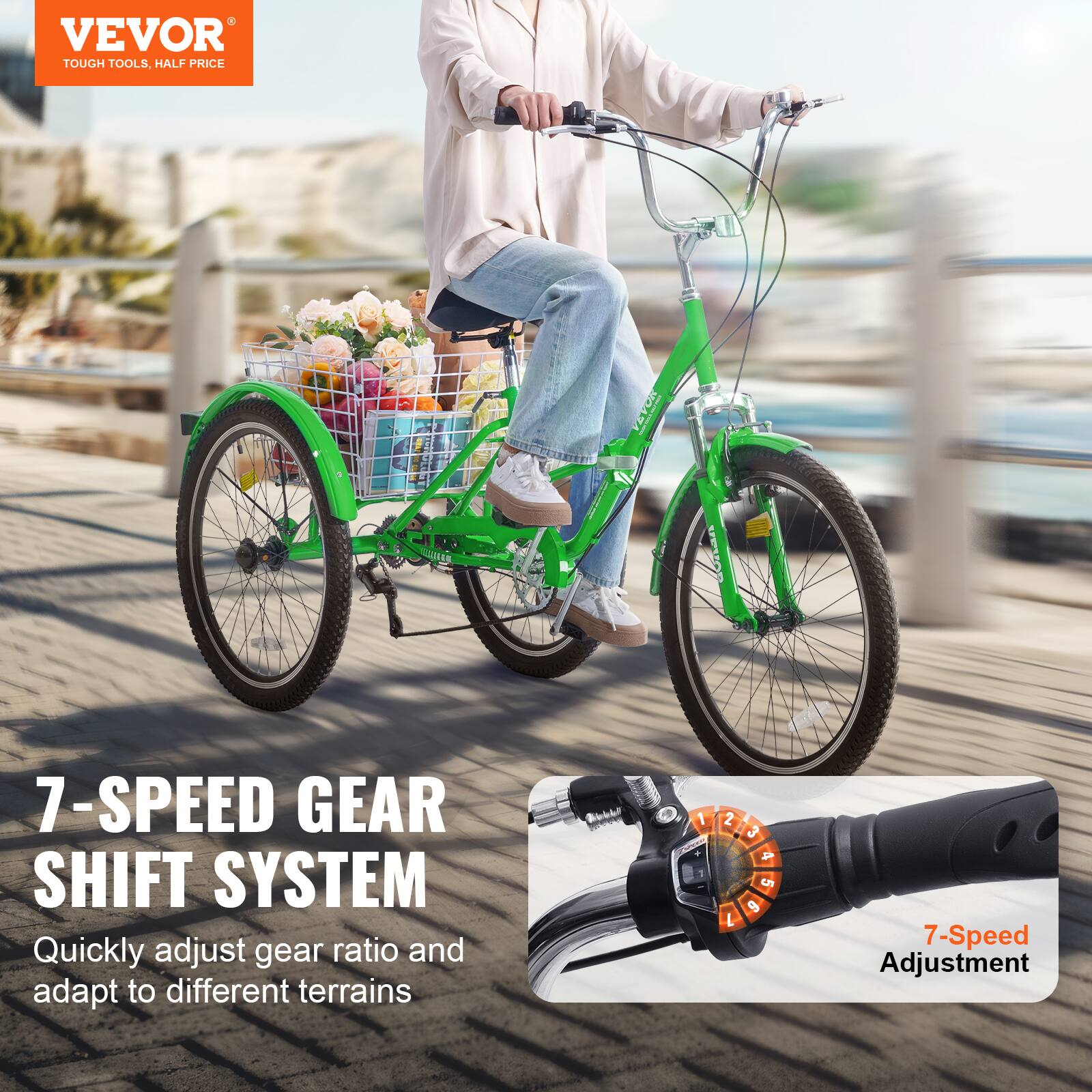 VEVOR TOUGH TOOLS. HALF PRICE, 7-SPEED GEAR SHIFT SYSTEM, Quickly adjust gear ratio and adapt to different terrains, 7-Speed Adjustment.
