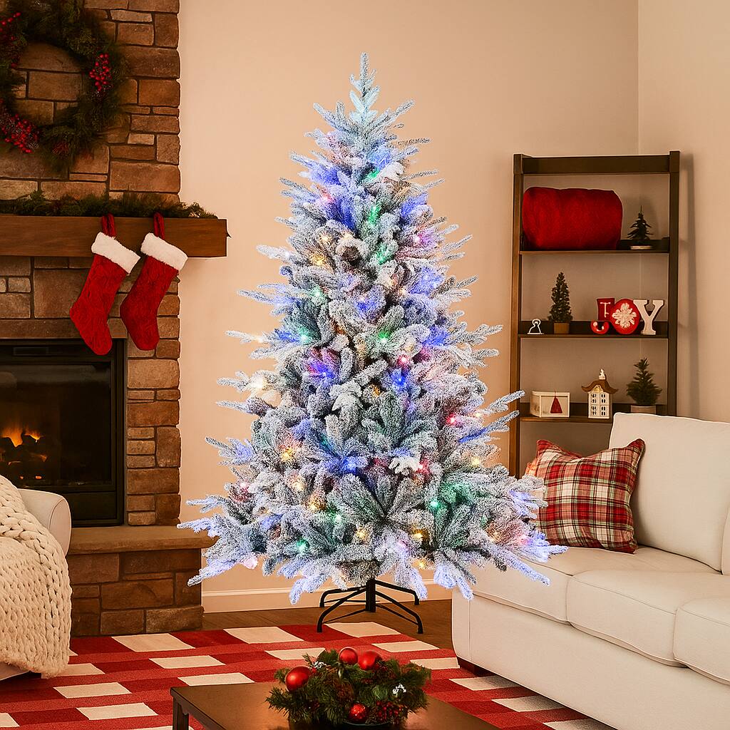 Front. BreeBe - Flocked Holiday Tree with 8 Lighting Modes – 4.5/6/7ft and Multicolor LEDs - Green.