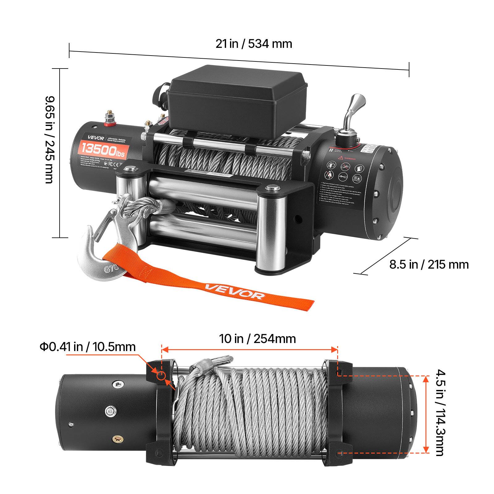 21 in / 534 mm  
9.65 in / 245 mm  
VEVOR 13500 lbs  
8.5 in / 215 mm  
0.41 in / 10.5 mm  
10 in / 254 mm  
4.5 in / 114.3 mm