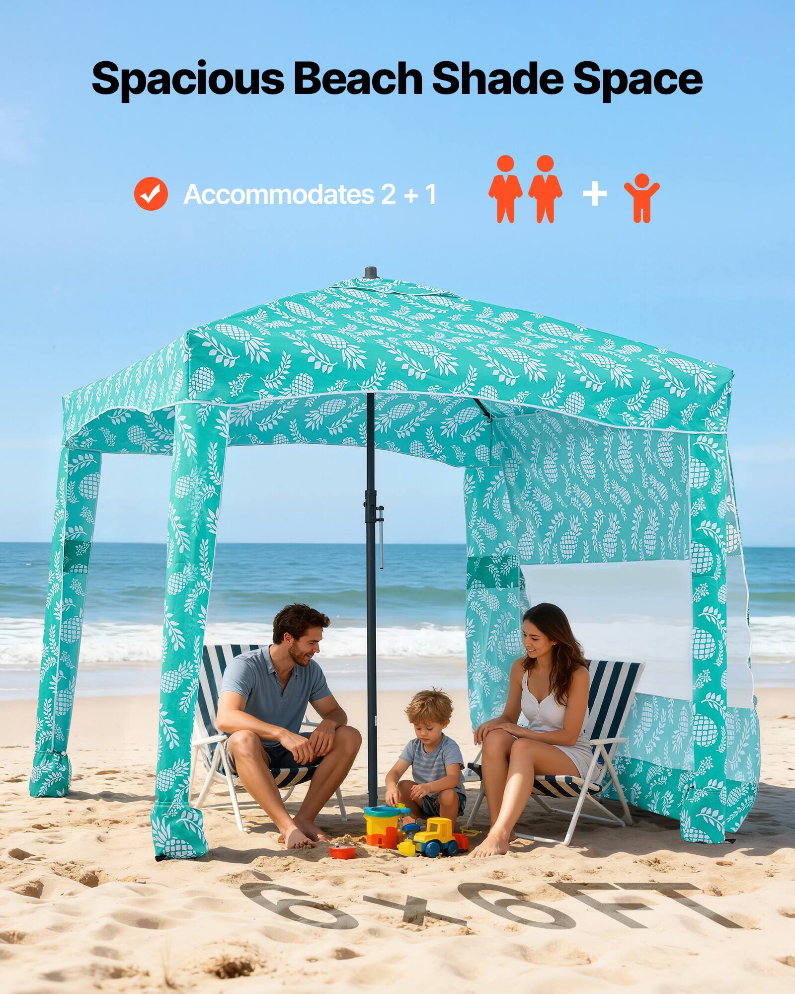 Spacious Beach Shade Space  
Accommodates 2 + 1