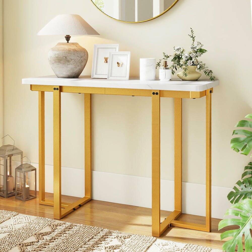 Angle. Kadyn - 42-Inch Modern Faux Marble Entryway Table with Geometric Metal Frame, White - White.
