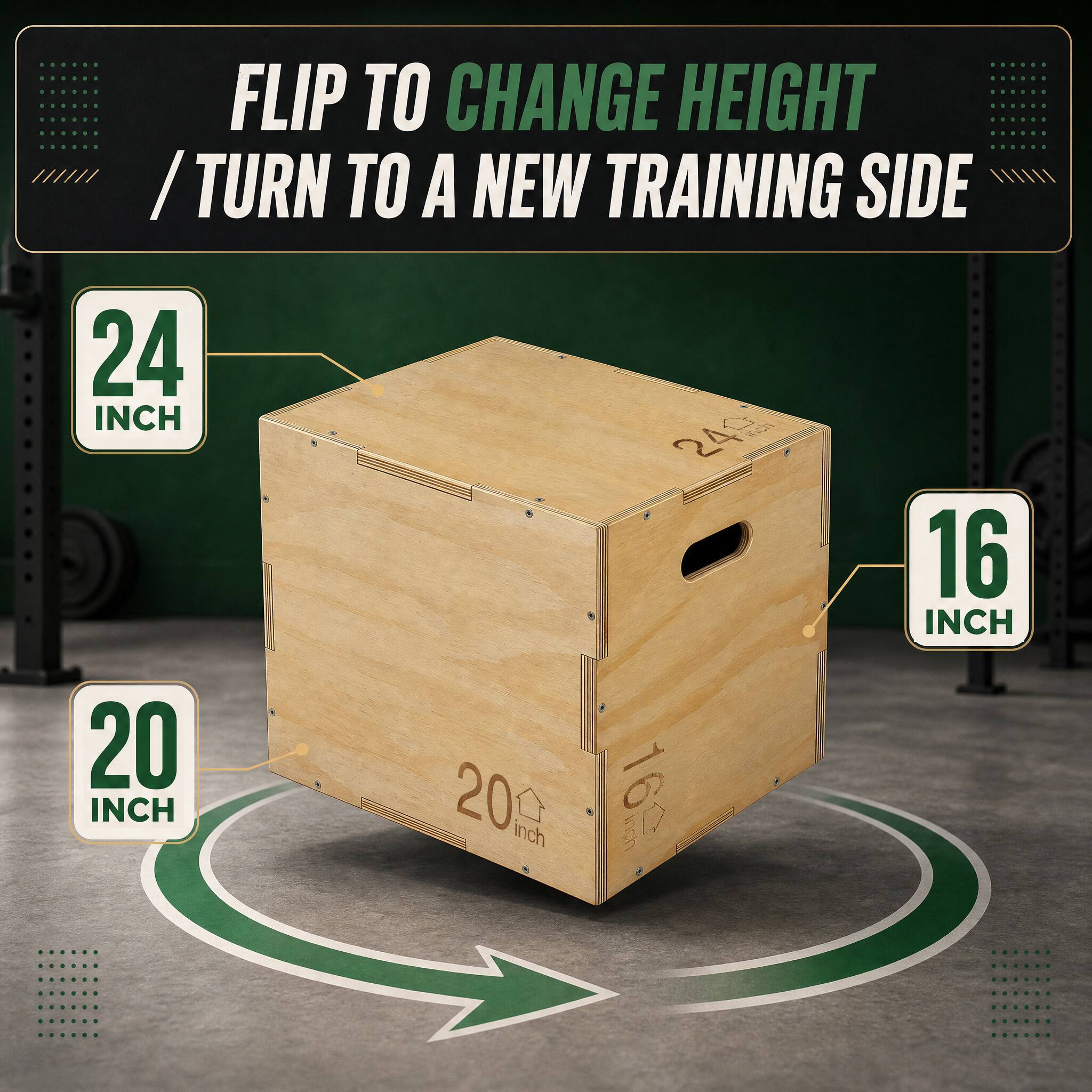 FLIP TO CHANGE HEIGHT / TURN TO A NEW TRAINING SIDE

24 INCH
20 INCH
16 INCH