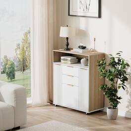 ModernMate - 37" Fluted Storage Cabinet with Adjustable Shelf, Mobile Office Storage with Lockable Wheels - Light Walnut
