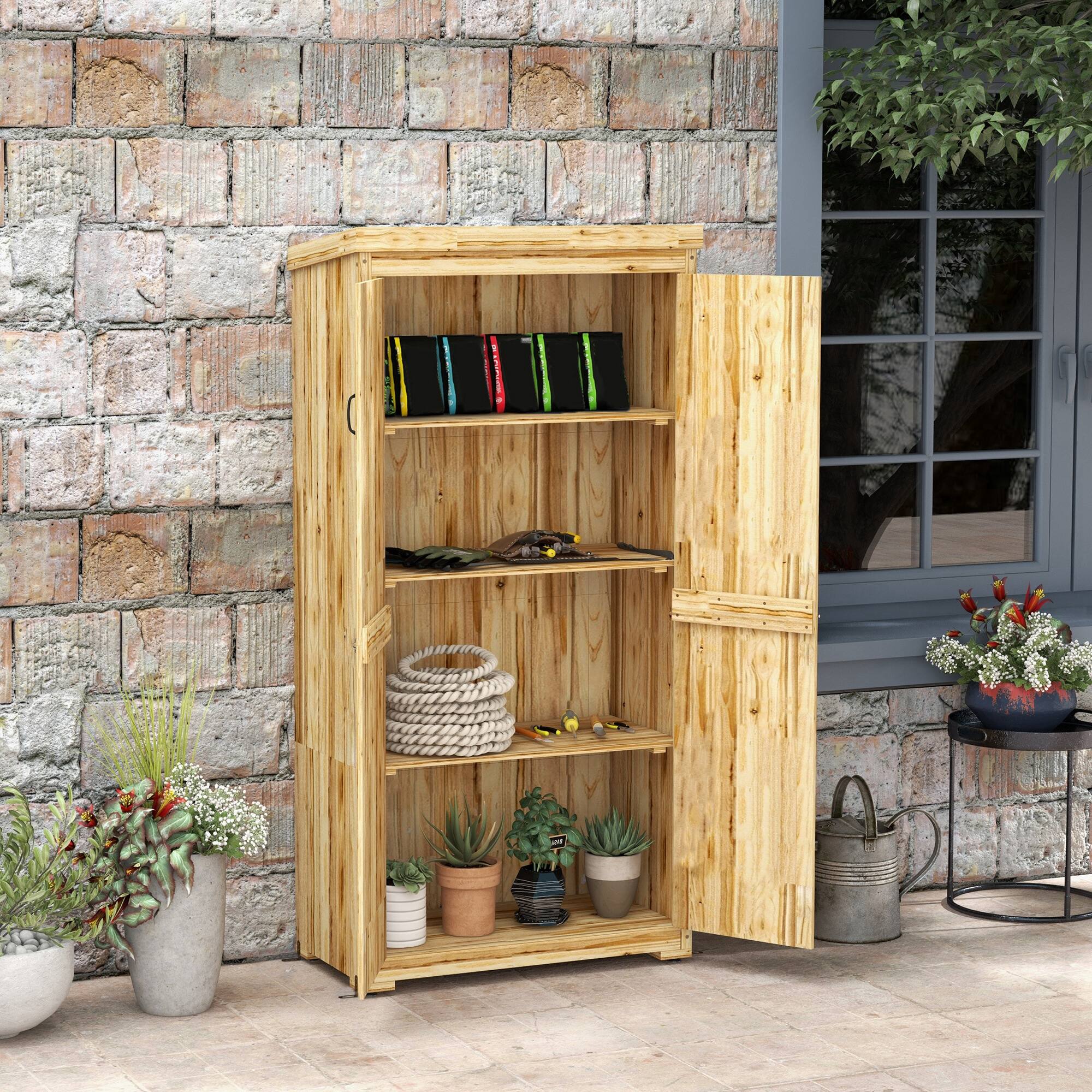Angle. APRILSOUL - Wooden Garden Shed Outdoor Storage Cabinet with Waterproof Galvanized Metal Roof 3 Shelves and Lockable Door Natural - Natural.