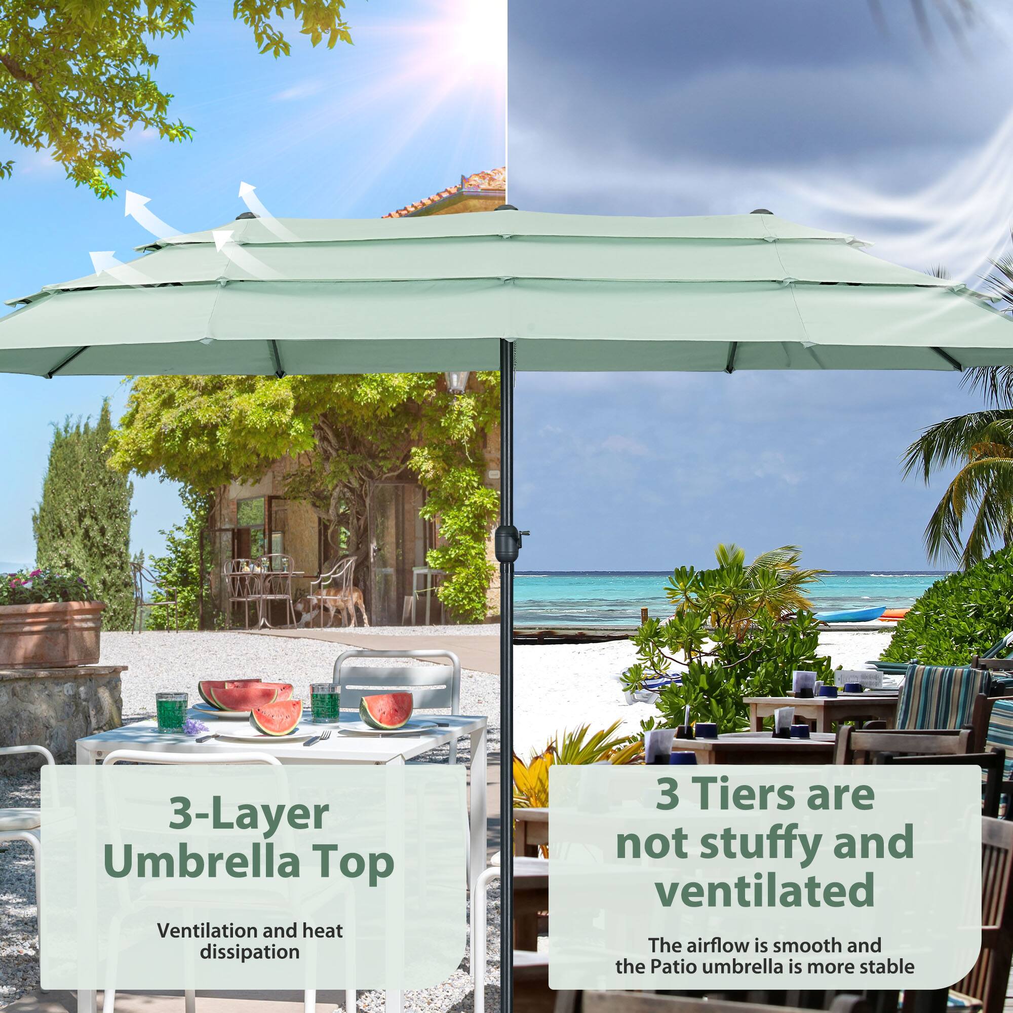 3-Layer Umbrella Top  
Ventilation and heat dissipation

3 Tiers are not stuffy and ventilated  
The airflow is smooth and the Patio umbrella is more stable