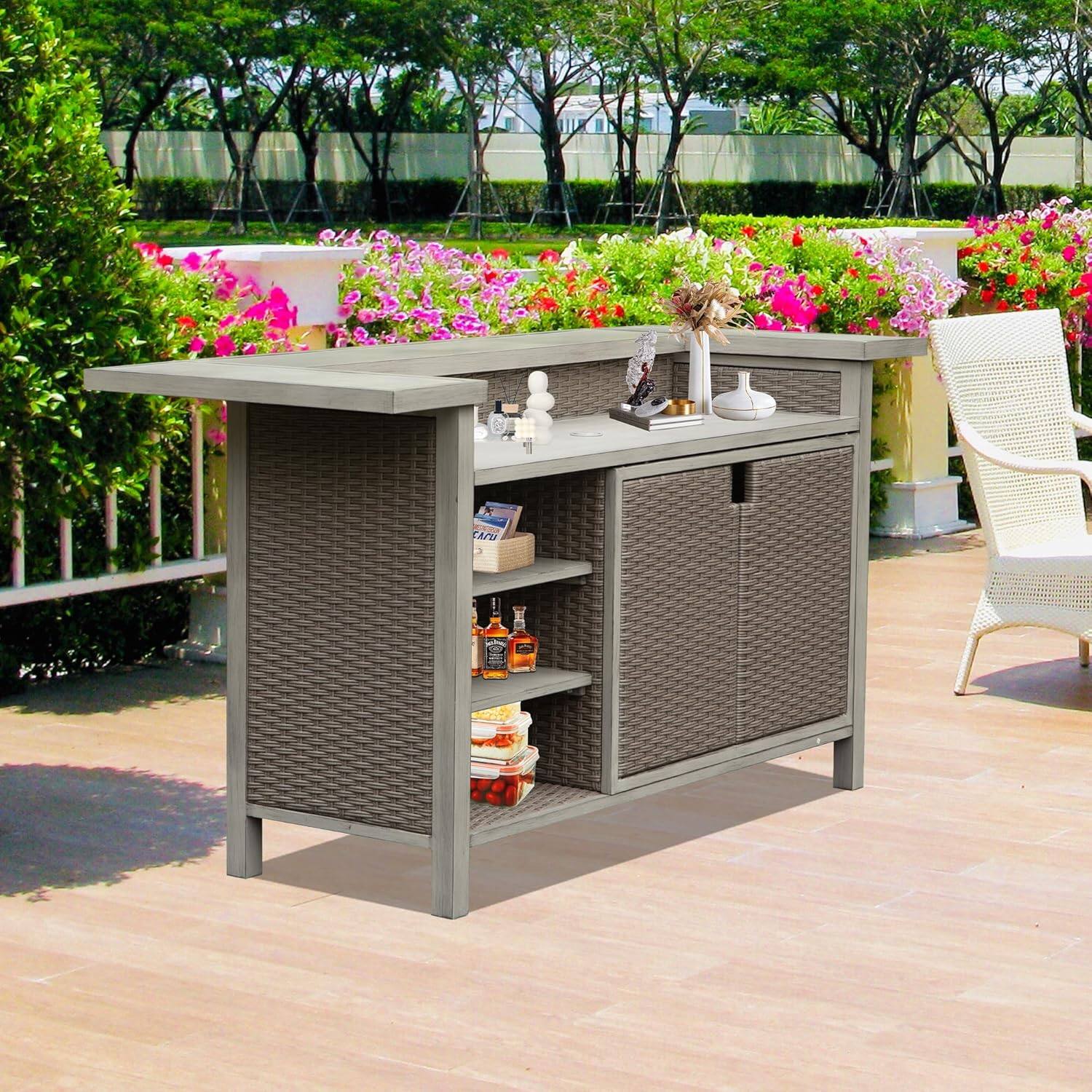 Angle. Mondawe - Outdoor Aluminum PE Wicker Bar Table with Cabinet - Beige.