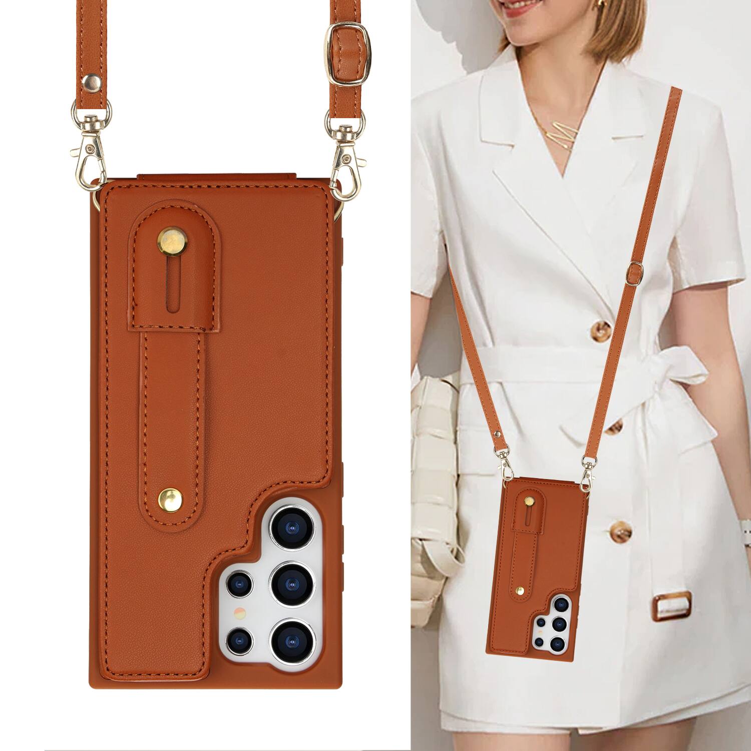 Alt View 1. Dteck - Crossbody Wallet Case for Samsung Galaxy S25 Ultra,Shockproof Protective Cover with Wrist Strap and Kickstand - Brown.