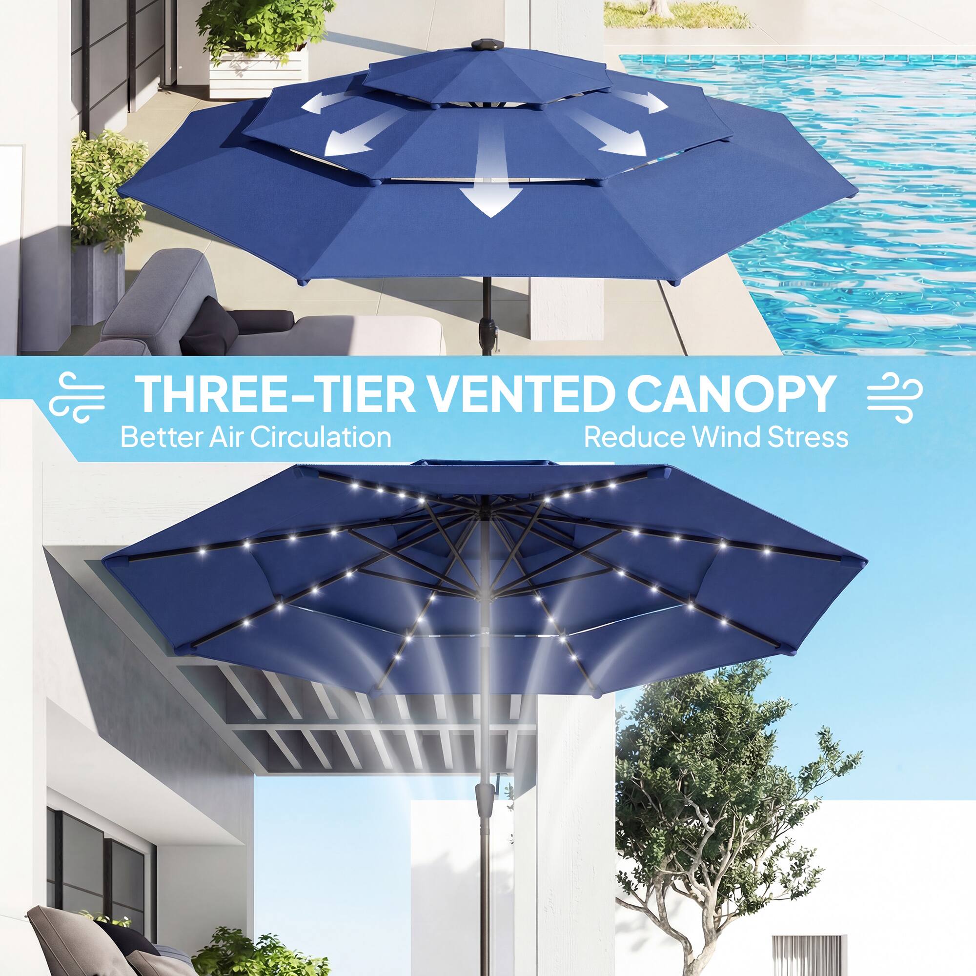 THREE-TIER VENTED CANOPY  
Better Air Circulation  
Reduce Wind Stress