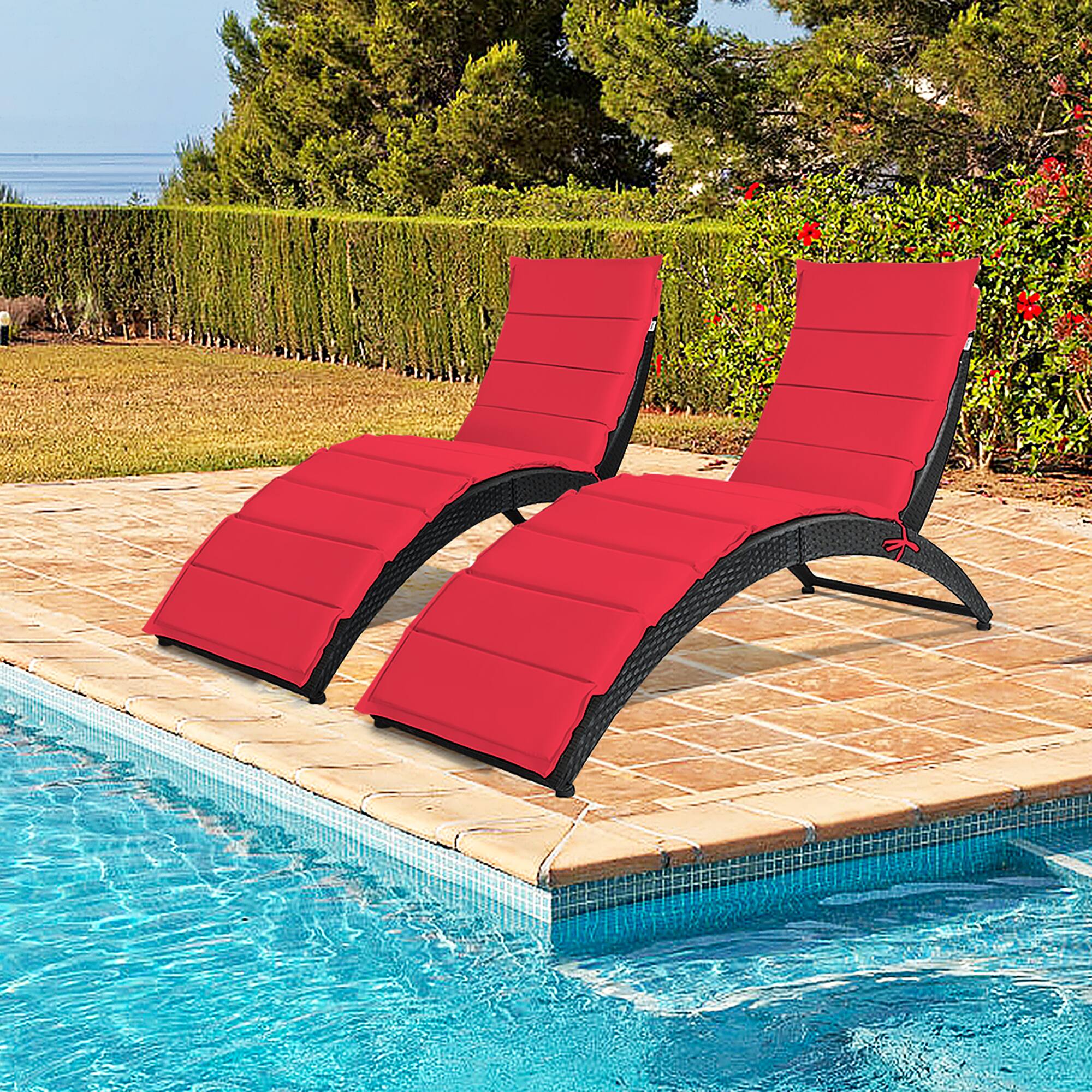 Alt View 1. Costway - 2PCS Folding Patio Rattan Lounge Chair Chaise Cushioned Portable Garden - Red.