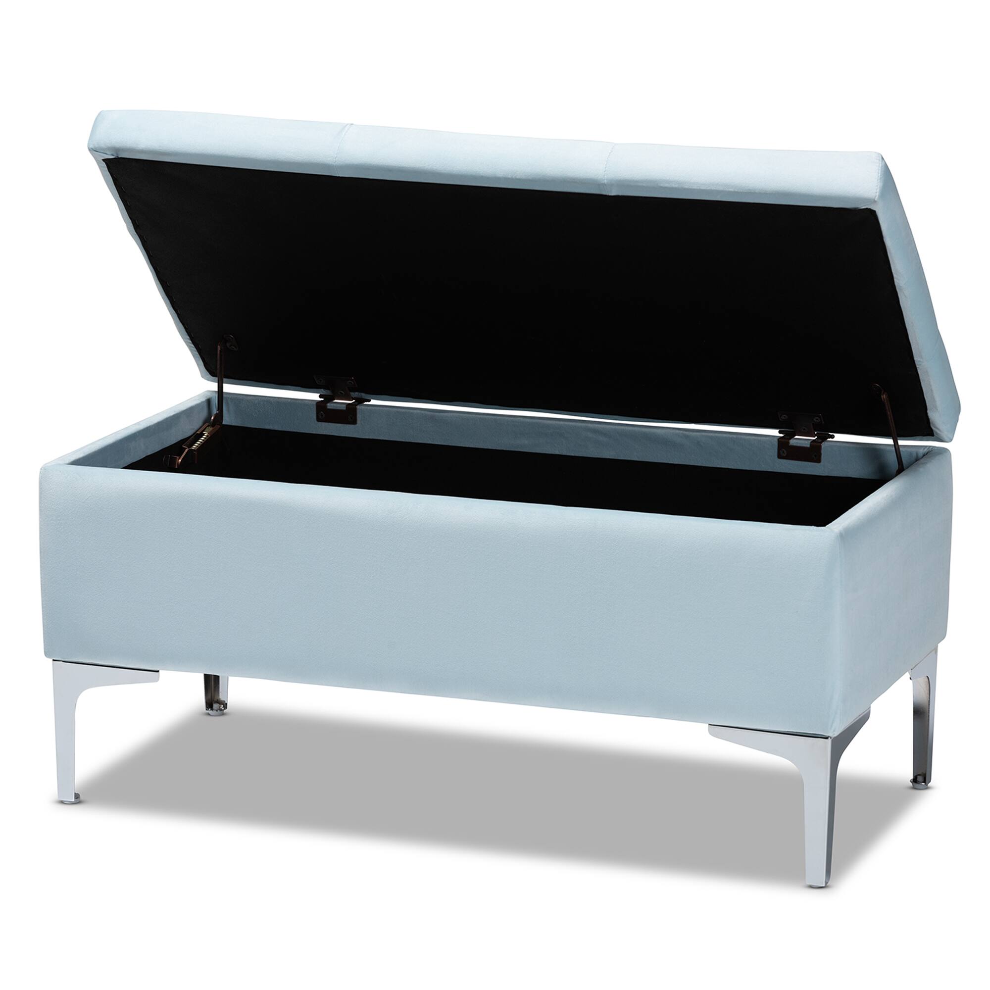 Angle. Baxton Studio - Mabel Modern and Contemporary Transitional Velvet Fabric Upholstered Silver Finished Storage Ottoman - Light Blue/Silver.
