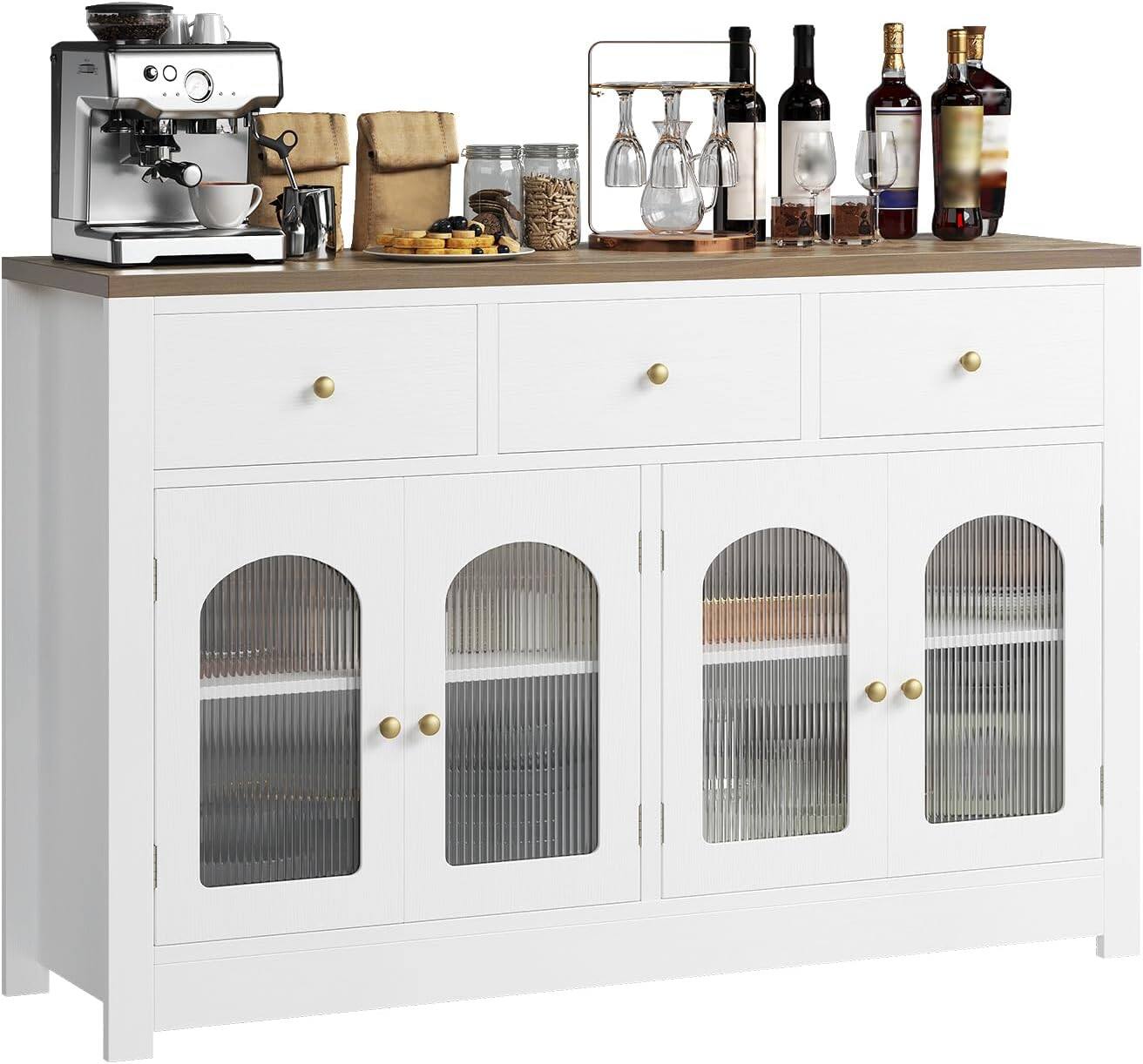 Alt View 3. Jojoka - Farmhouse Large Buffet Sideboard Cabinet with Four Doors Three Drawers Adjustable Shelves and Fluted Acrylic Doors White - White.