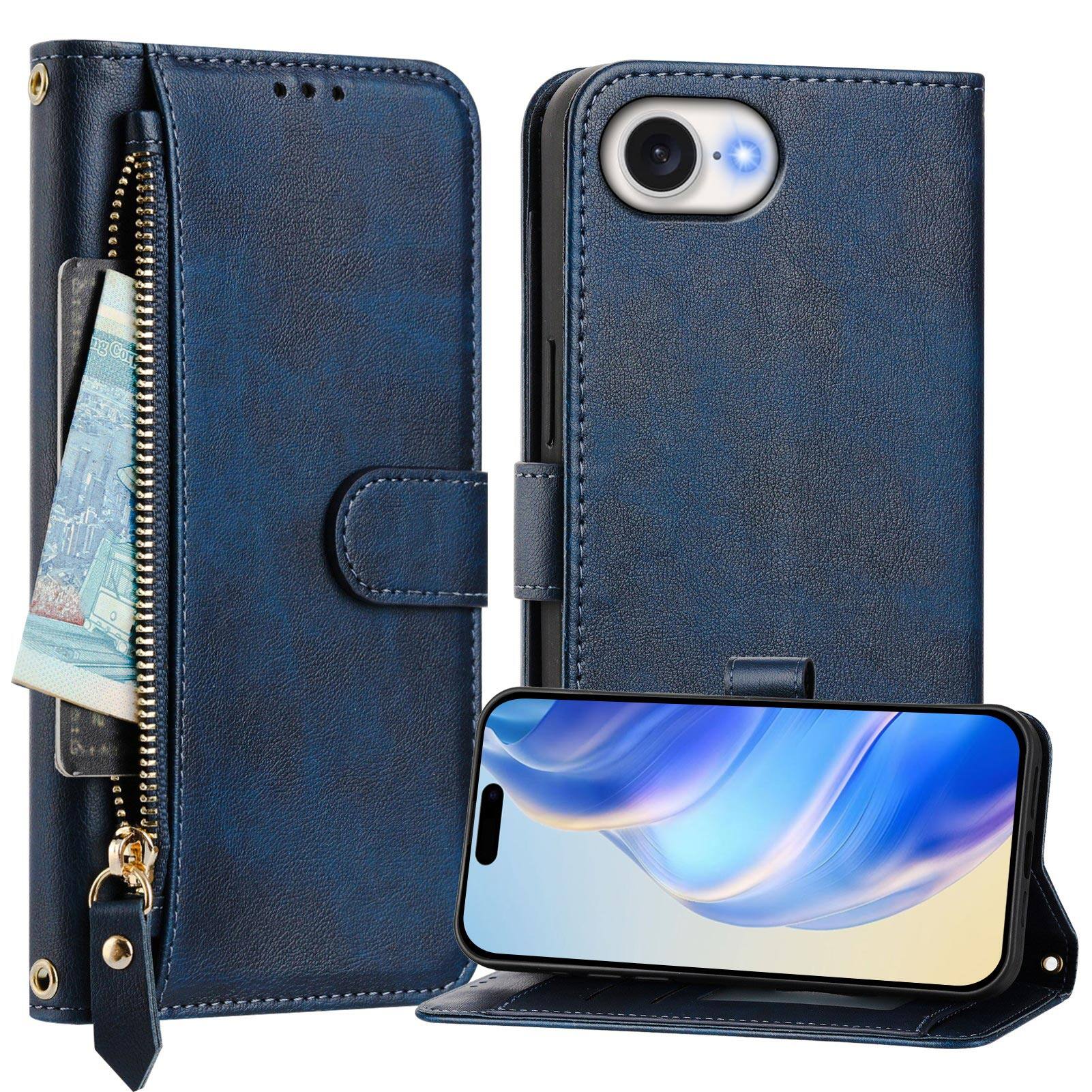 Angle. UUCOVER - Zipper Wallet Case for iPhone 17e / iPhone 16e Magnetic PU Leather Card Slots Stand Cover with Shoulder / Wrist Strap - Blue.