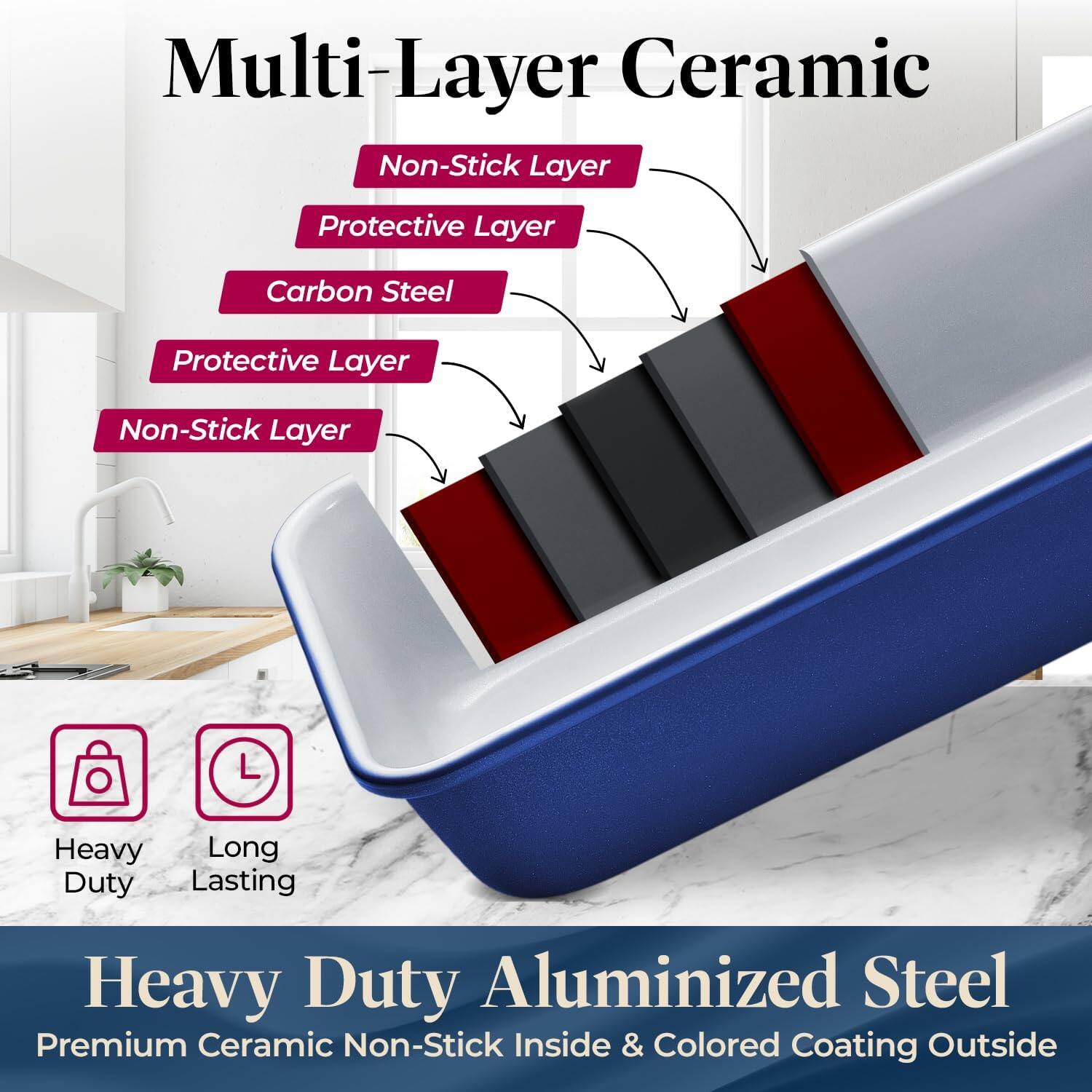 Multi-Layer Ceramic: Non-Stick Layer, Protective Layer, Carbon Steel, Protective Layer, Non-Stick Layer

Heavy Duty: Heavy Duty, Long Lasting

Aluminized Steel: Premium Ceramic Non-Stick Inside & Colored Coating Outside