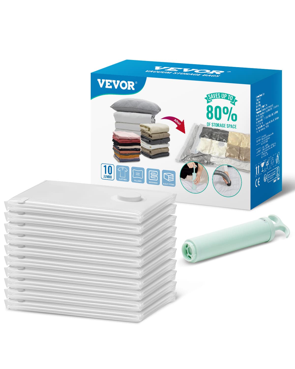VEVOR
VACUUM STORAGE BAGS
SAVES UP TO
80% OF STORAGE SPACE
10 JUMBO
CLOTHES
PILLOWS
BEDDINGS
RALLY TIDIES
11 PIECES
CE