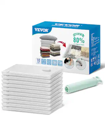 VEVOR
VACUUM STORAGE BAGS
SAVES UP TO
80% OF STORAGE SPACE
10 JUMBO
CLOTHES
PILLOWS
BEDDINGS
RALLY TIDIES
11 PIECES
CE