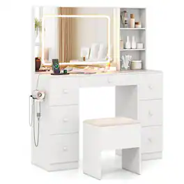 Costway - Vanity Desk with Mirror & Lights Makeup Table with Power Outlets & 7 Drawers - White