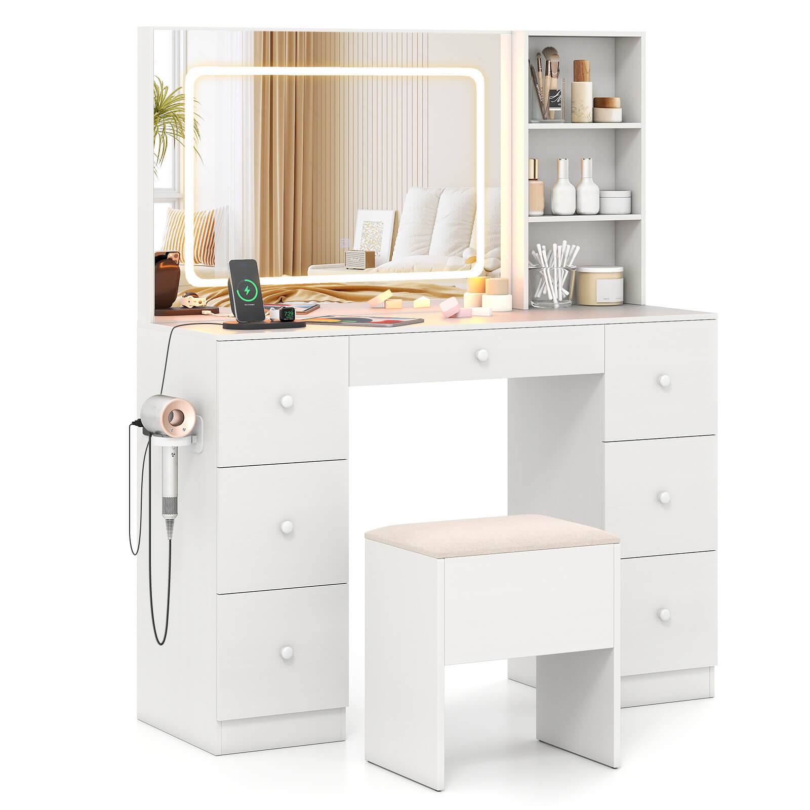 Costway - Vanity Desk with Mirror & Lights Makeup Table with Power Outlets & 7 Drawers - White