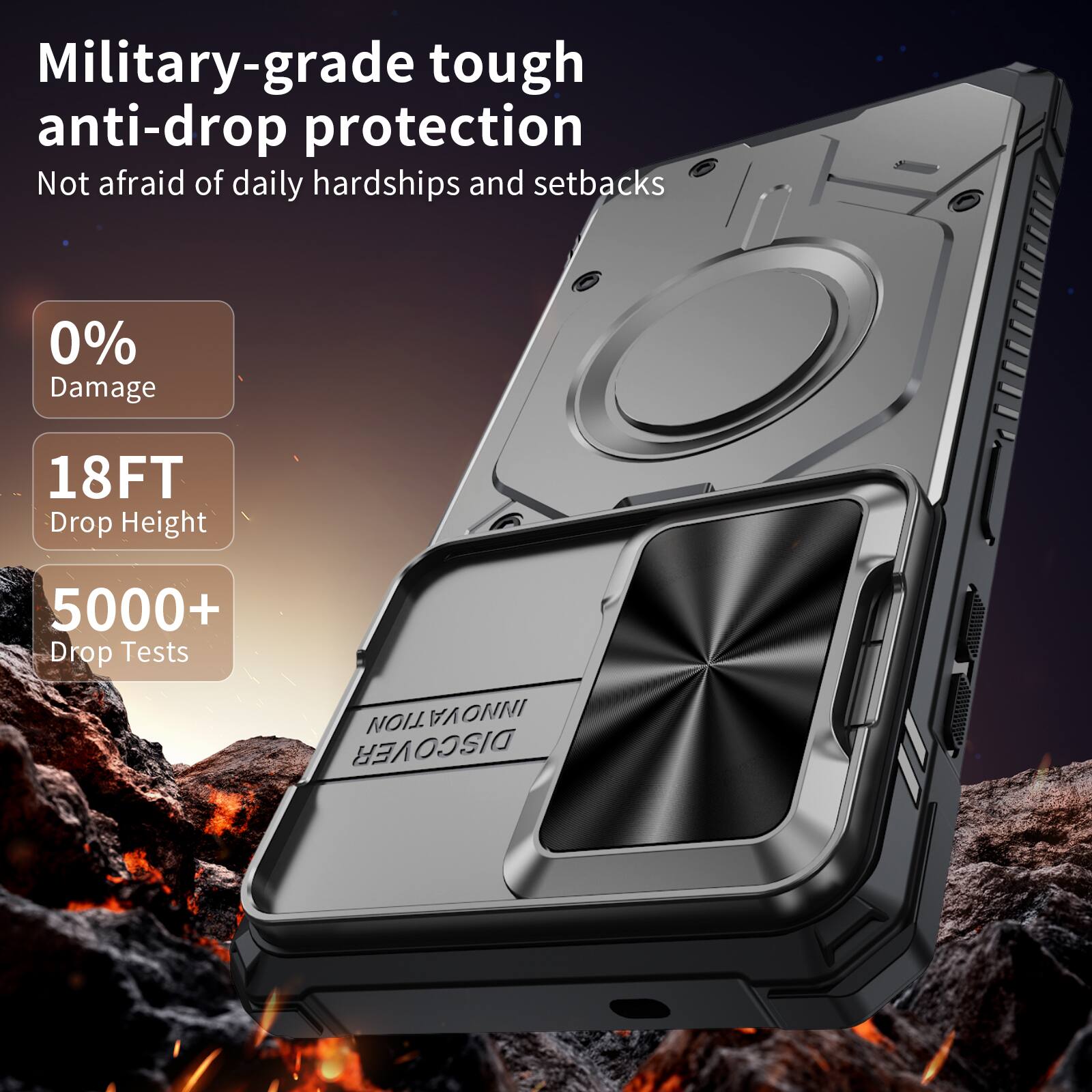 Military-grade tough anti-drop protection  
Not afraid of daily hardships and setbacks  
0% Damage  
18FT Drop Height  
5000+ Drop Tests  
TION AVONI VA DISCOVER