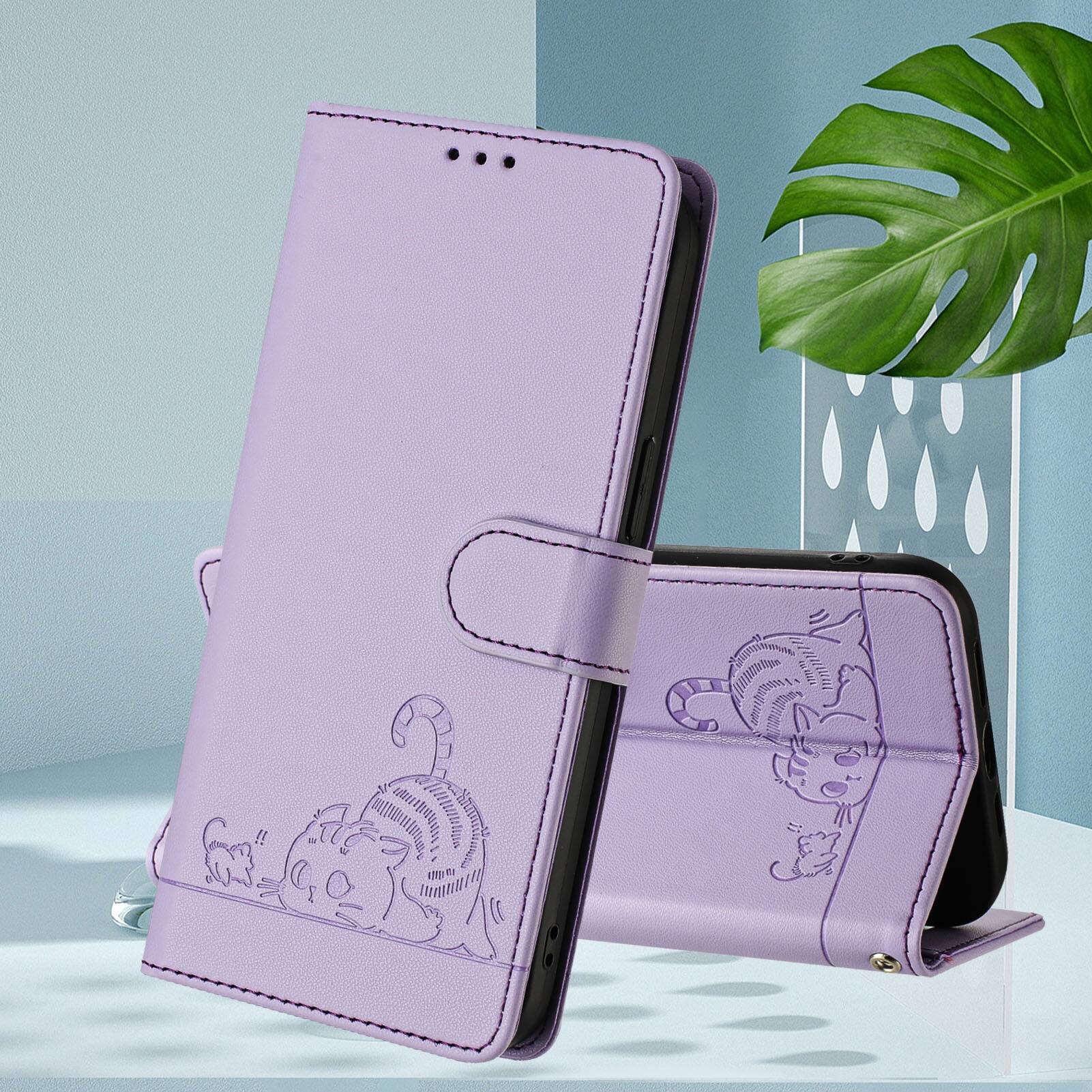 Alt View 7. Dteck - Cat Pattern Crossbody Wallet Case for Samsung Galaxy A37 5G with Card Slots, RFID PU Leather Protective Stand Cover - Purple.