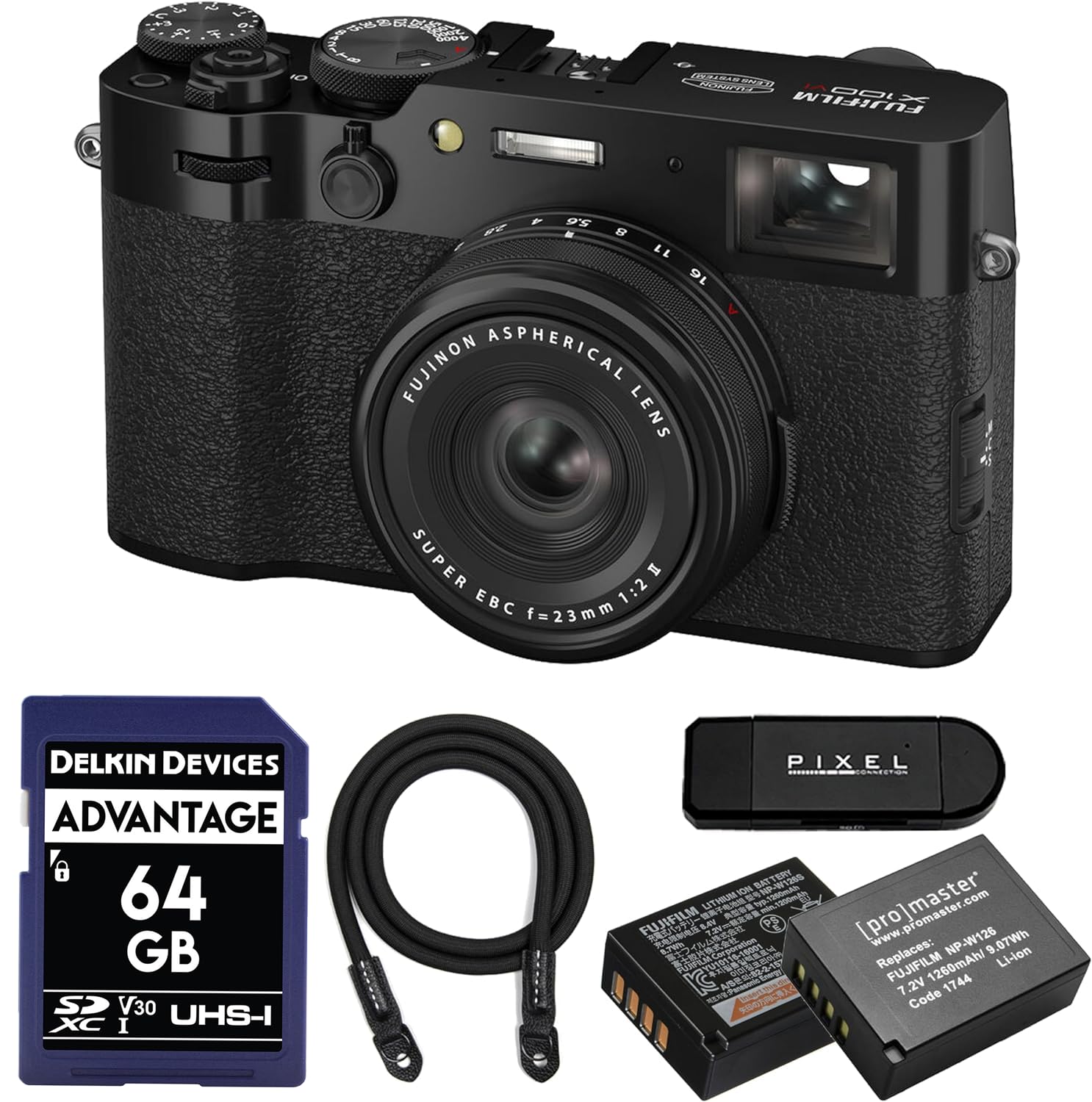 Fujifilm X100V - Fujinon Aspherical Lens Super EBC f=23mm 1:2 II - Delkin Devices Advantage 64 GB SD V30 UHS-I XC I - Pixel Master - Pro Master - Fujifilm NP-W126 Replaces: Fujifilm 1260mAh Li-ion 7.2V Code 1744