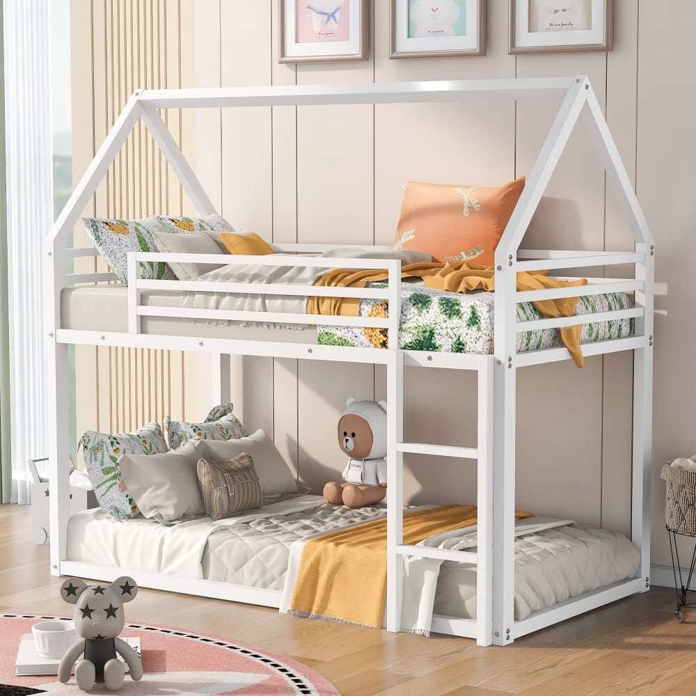Loheer - Twin Over Twin Bunk Bed House Bed Metal Frame with Ladder - White price history on PriceWatchPro