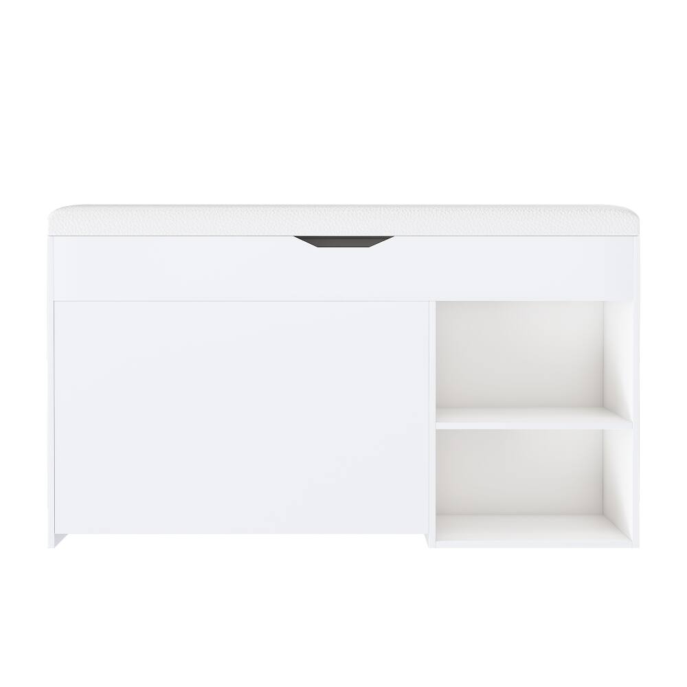 Alt View 3. Ropilly - Ropilly White Entryway Bench with Shoe Storage Hidden Cabinet Cushioned Seat Space Saving Organizer - White.