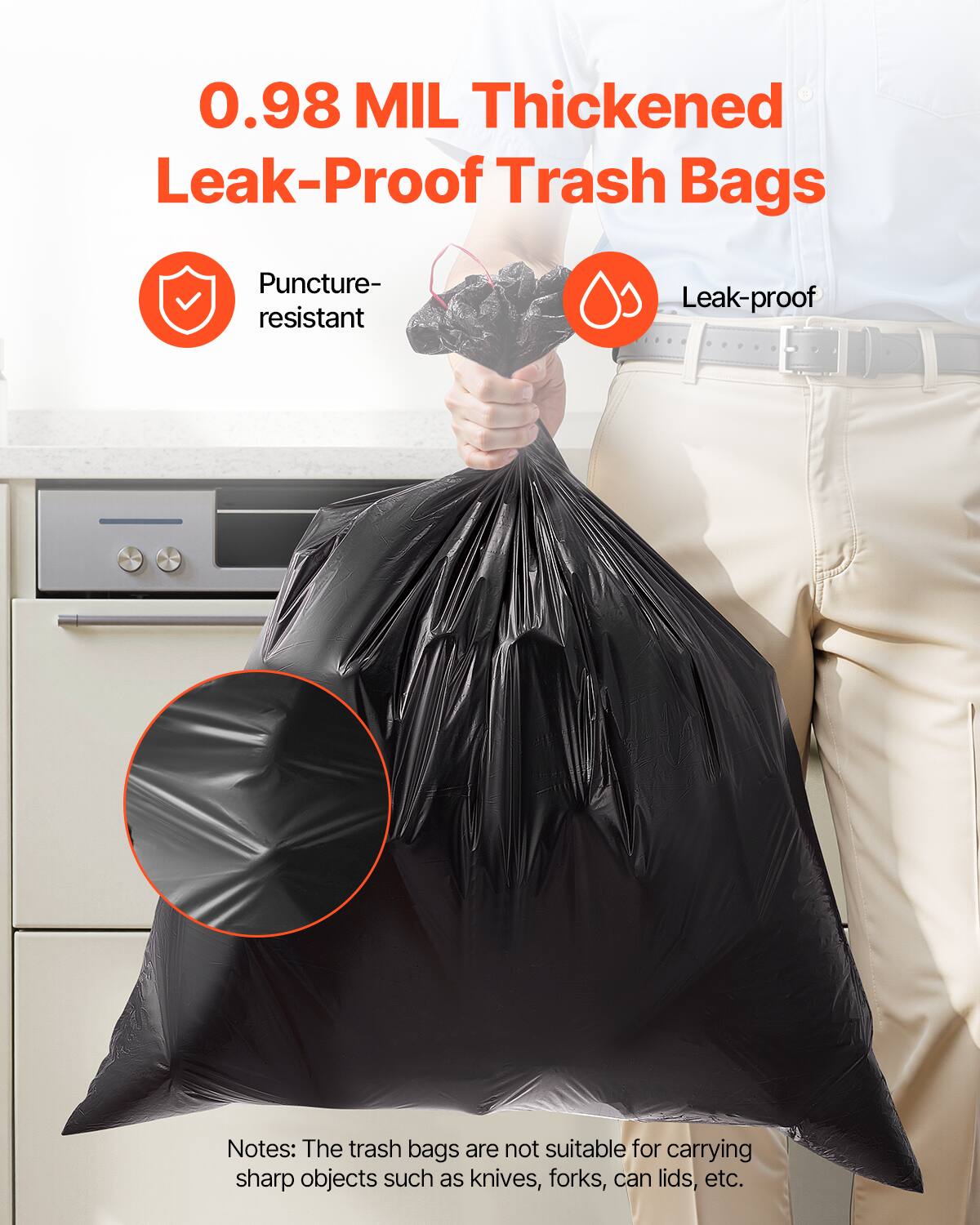 0.98 MIL Thickened Leak-Proof Trash Bags

- Puncture-resistant
- Leak-proof

Notes: The trash bags are not suitable for carrying sharp objects such as knives, forks, can lids, etc.