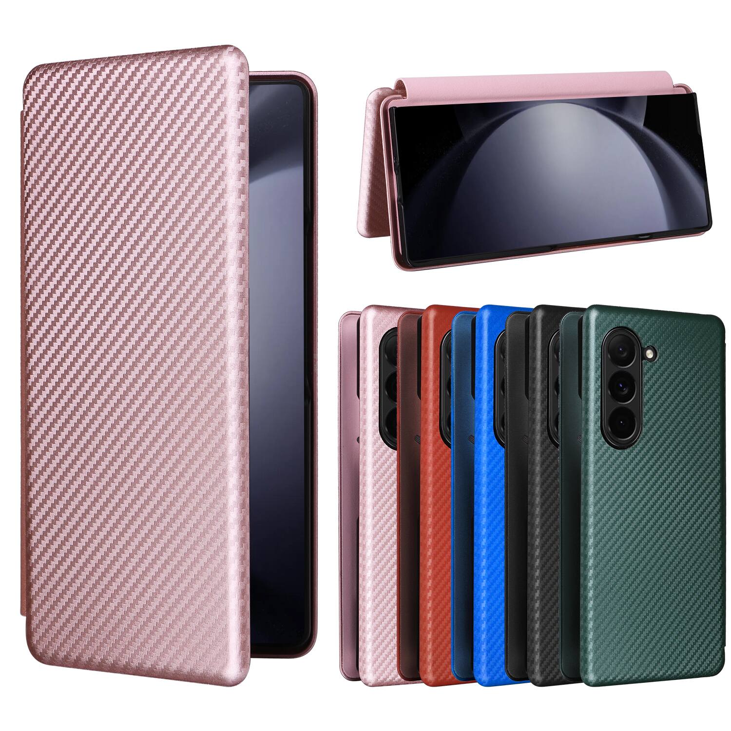 Alt View 3. Dteck - Carbon Fiber Texture Folio Phone Case for Samsung Galaxy Z Fold6,PU Leather Magnetic Closure Hidden Card Slot Flip Cover - Pink.