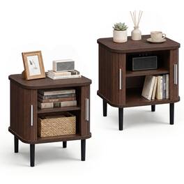 Costway - 2 PCS Fluted Nightstand with Sliding Doors, Adjustable Shelf for Living Room - Walnut