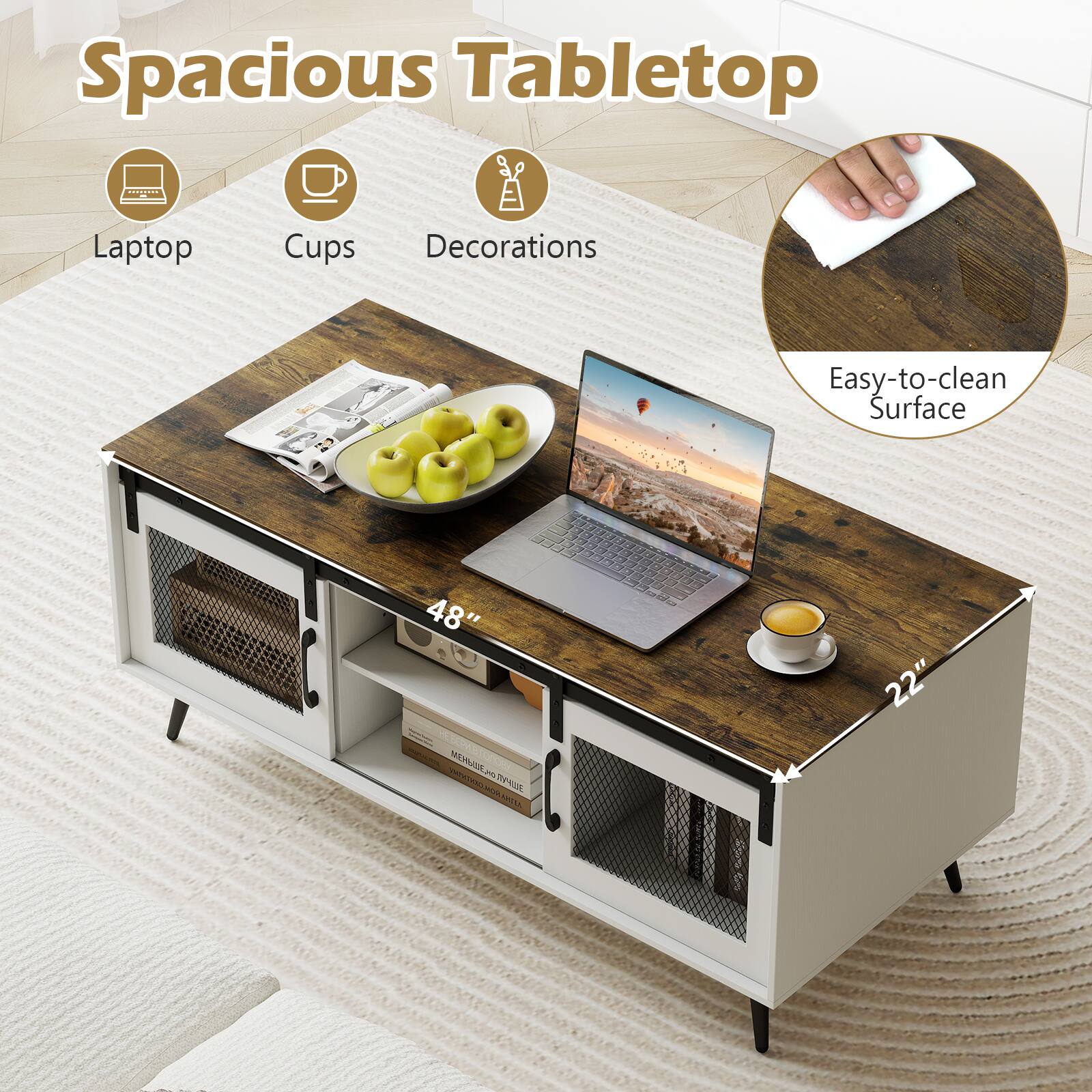 Spacious Tabletop  
Laptop Cups Decorations  
Easy-to-clean Surface  
48" x 22"