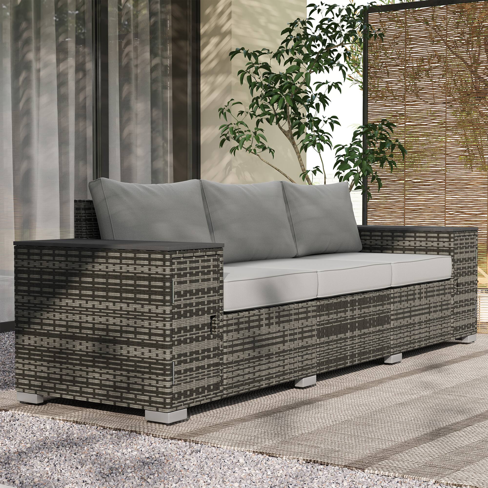 Alt View 1. Outsunny - 3 Seater Wicker Sofa with 2 Storage Side Tables and Thickened Cushions, Rattan Outdoor Patio Sofa with Wide Armrests - Gray.