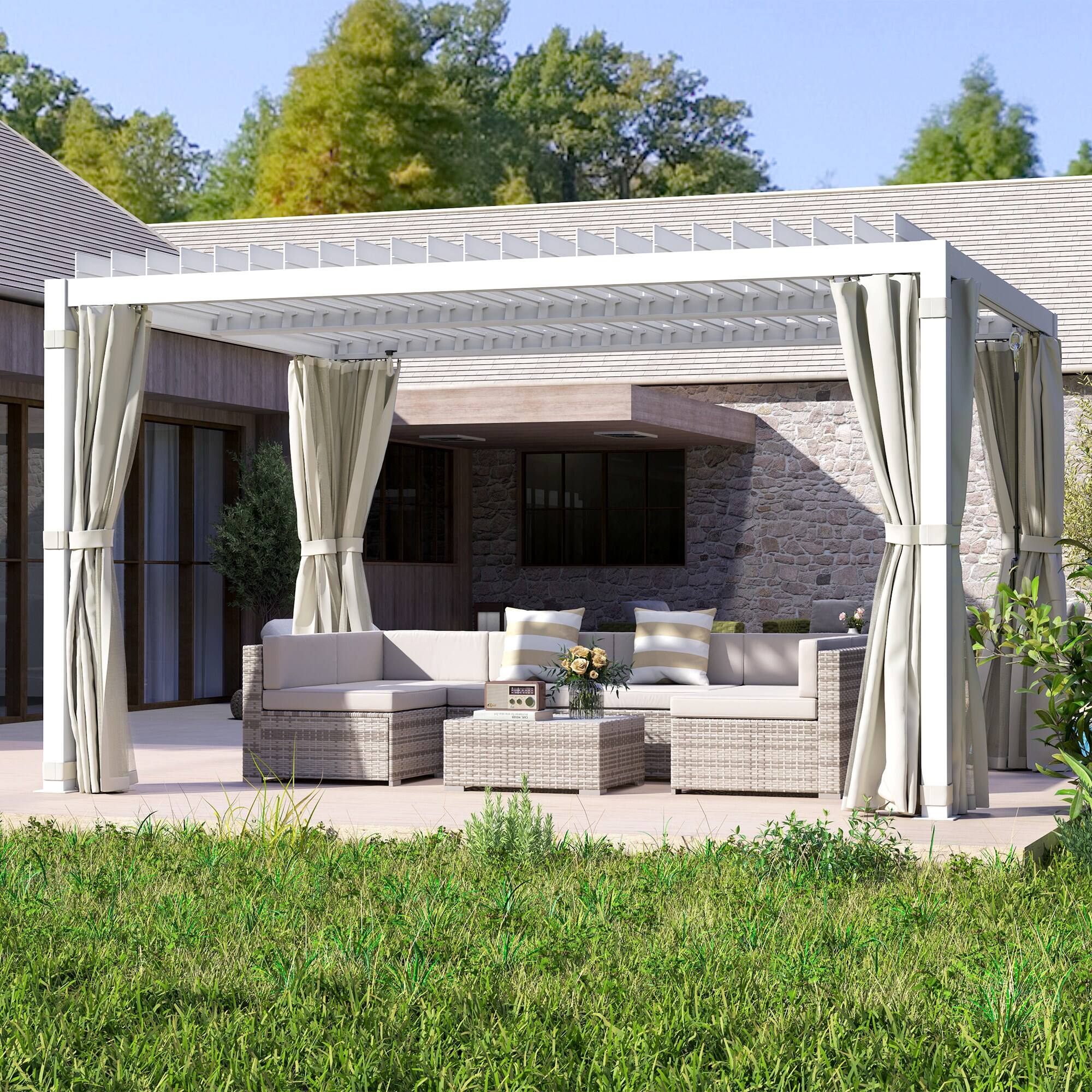 Alt View 8. Outsunny - 10' x 13' Louvered Pergola Hardtop Gazebo with Adjustable Aluminum Roof and Frame, Outdoor Pergola - Cream White.