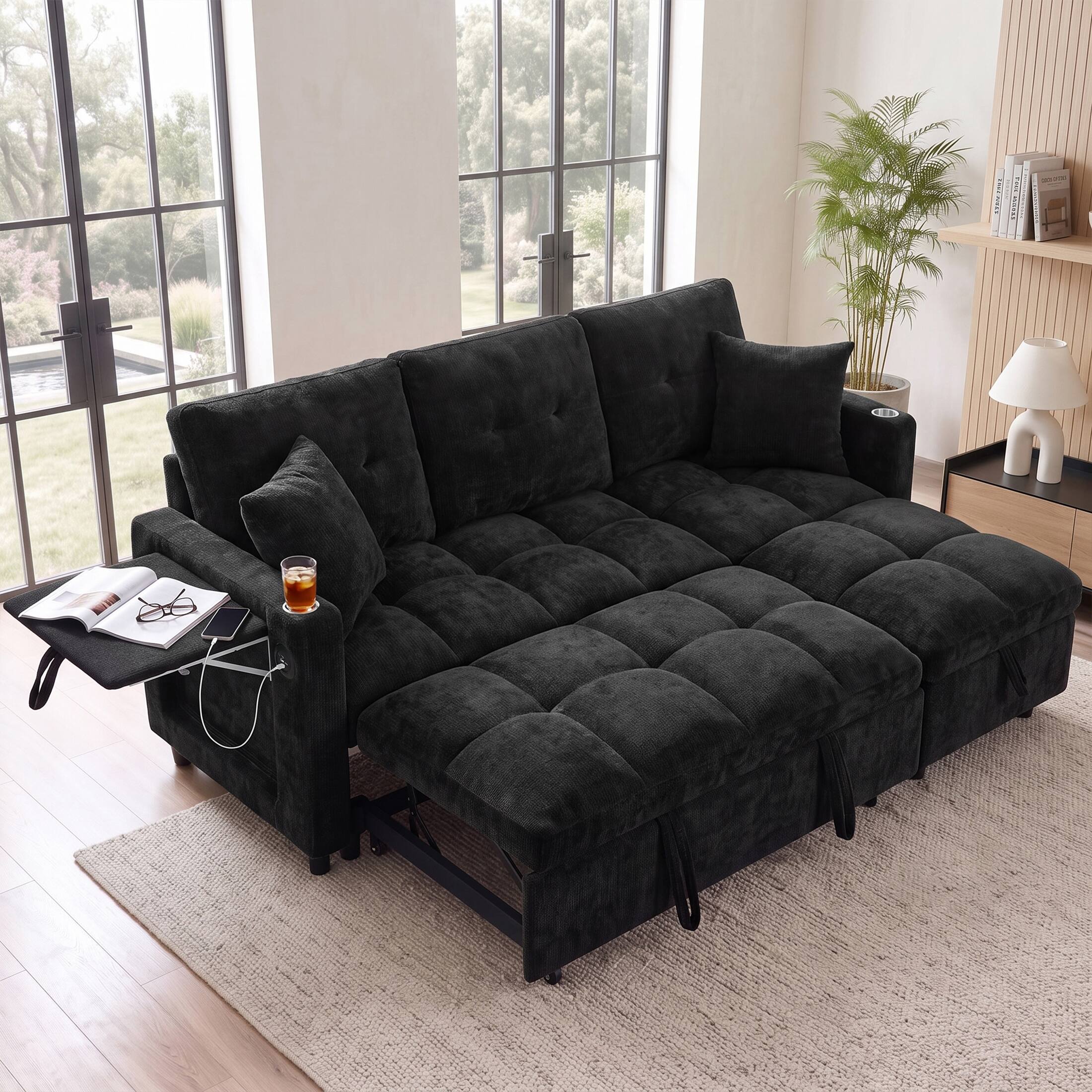 Back. Anysun - Convertible Plush Sectional Sleeper Sofa with Pull-Out Couch Bed, Cloud Couch with Storage Chaise & USB Charging - Black.
