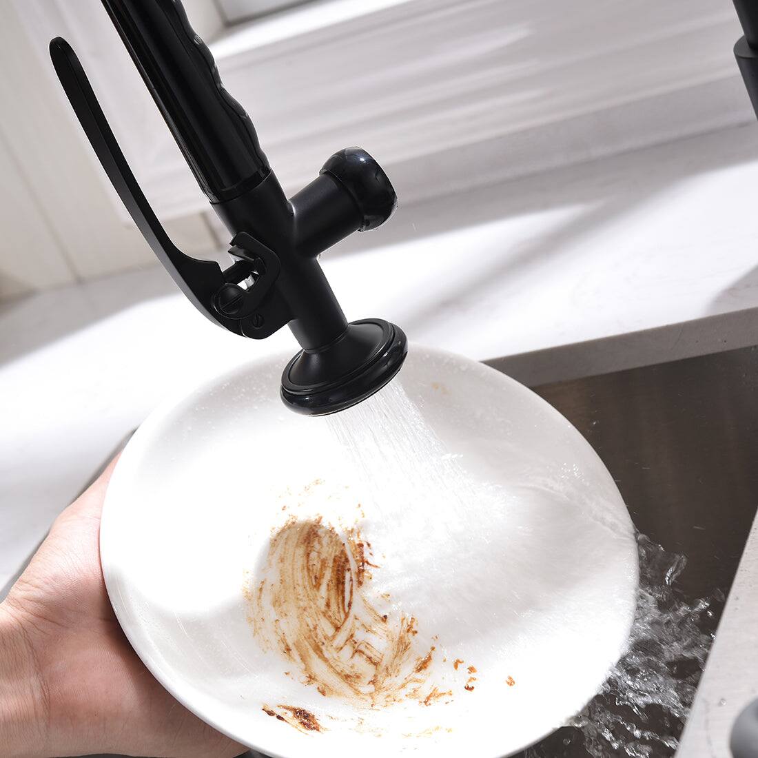 Angle. Boyel Living - Matte Black Dual Function Single Handle No Sensor Gooseneck Pull Down Sprayer Kitchen Faucet - Matte Black.