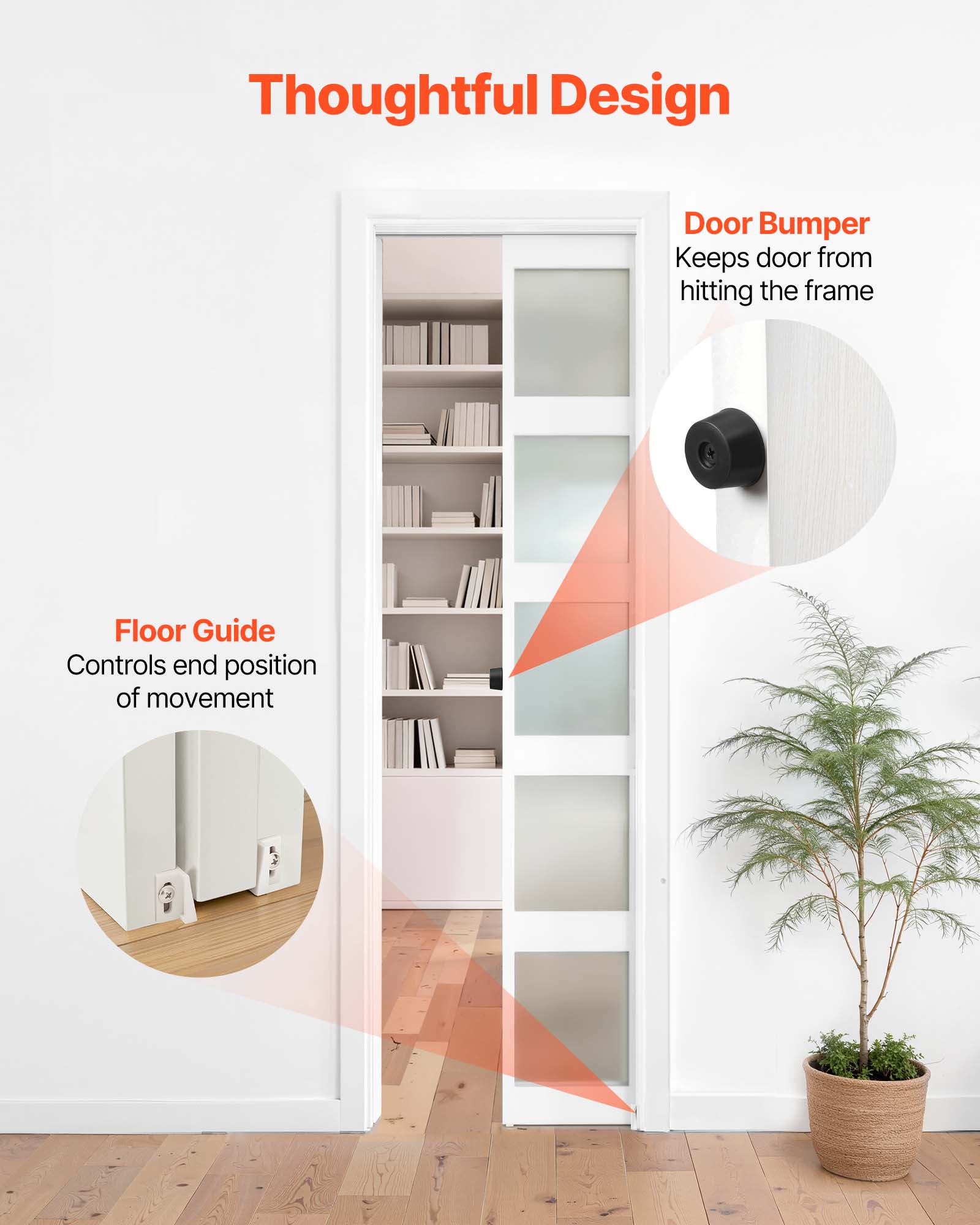 Thoughtful Design  
Door Bumper  
Keeps door from hitting the frame  

Floor Guide  
Controls end position of movement