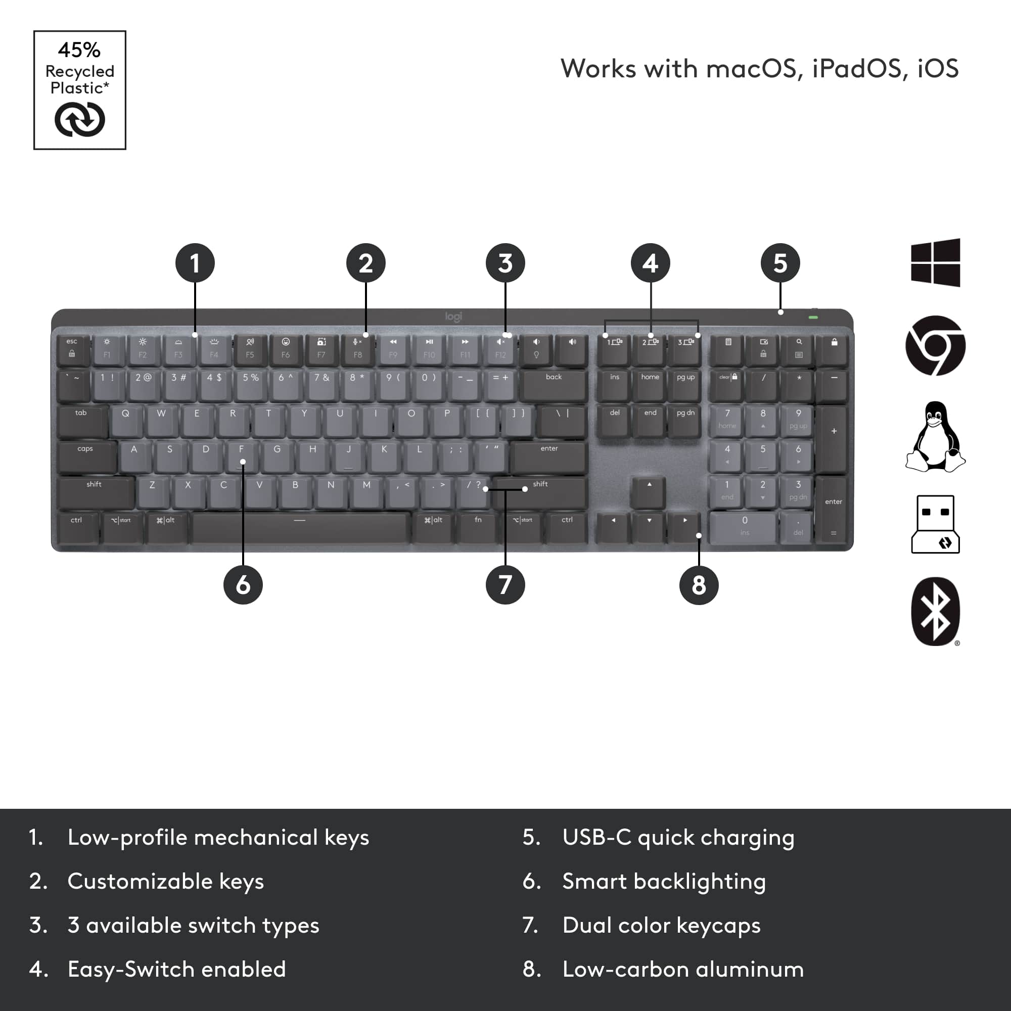 1. Low-profile mechanical keys
2. Customizable keys
3. 3 available switch types
4. Easy-Switch enabled
5. USB-C quick charging
6. Smart backlighting
7. Dual color keycaps
8. Low-carbon aluminum