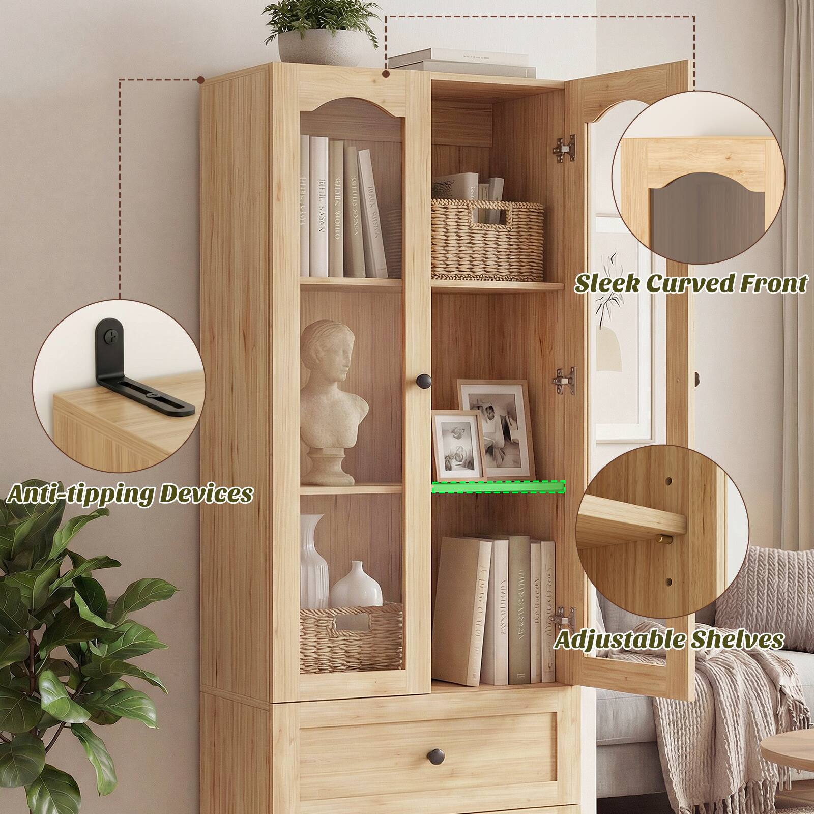 KTEN BILERI NOUrs LIED 5 RHRO SOTLILE  
Sleek Curved Front  
Anti-tipping Devices  
Adjustable Shelves