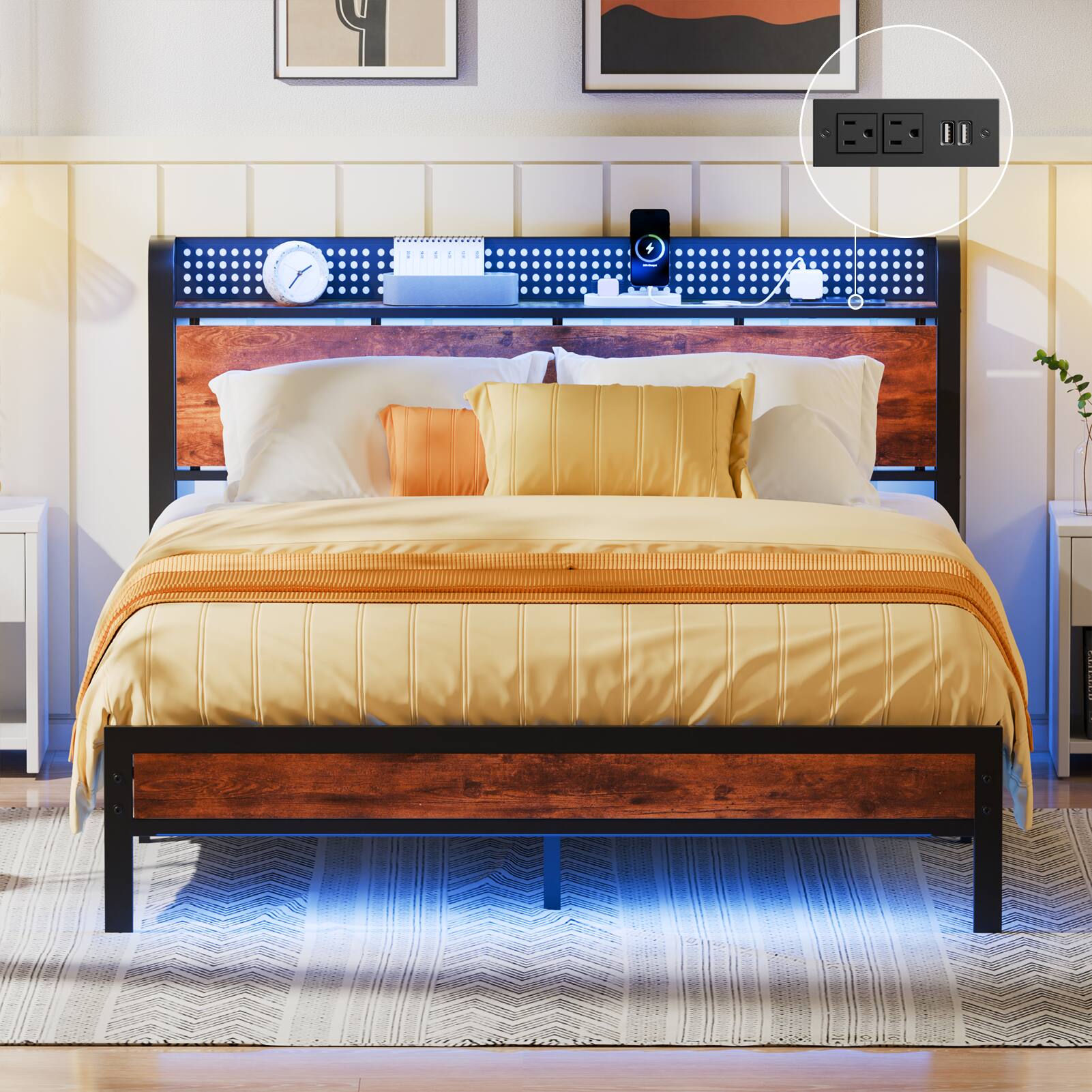 Alt View 2. Furnulem - Queen Size Bed Frame with Storage Headboard and LED Light - Brown.