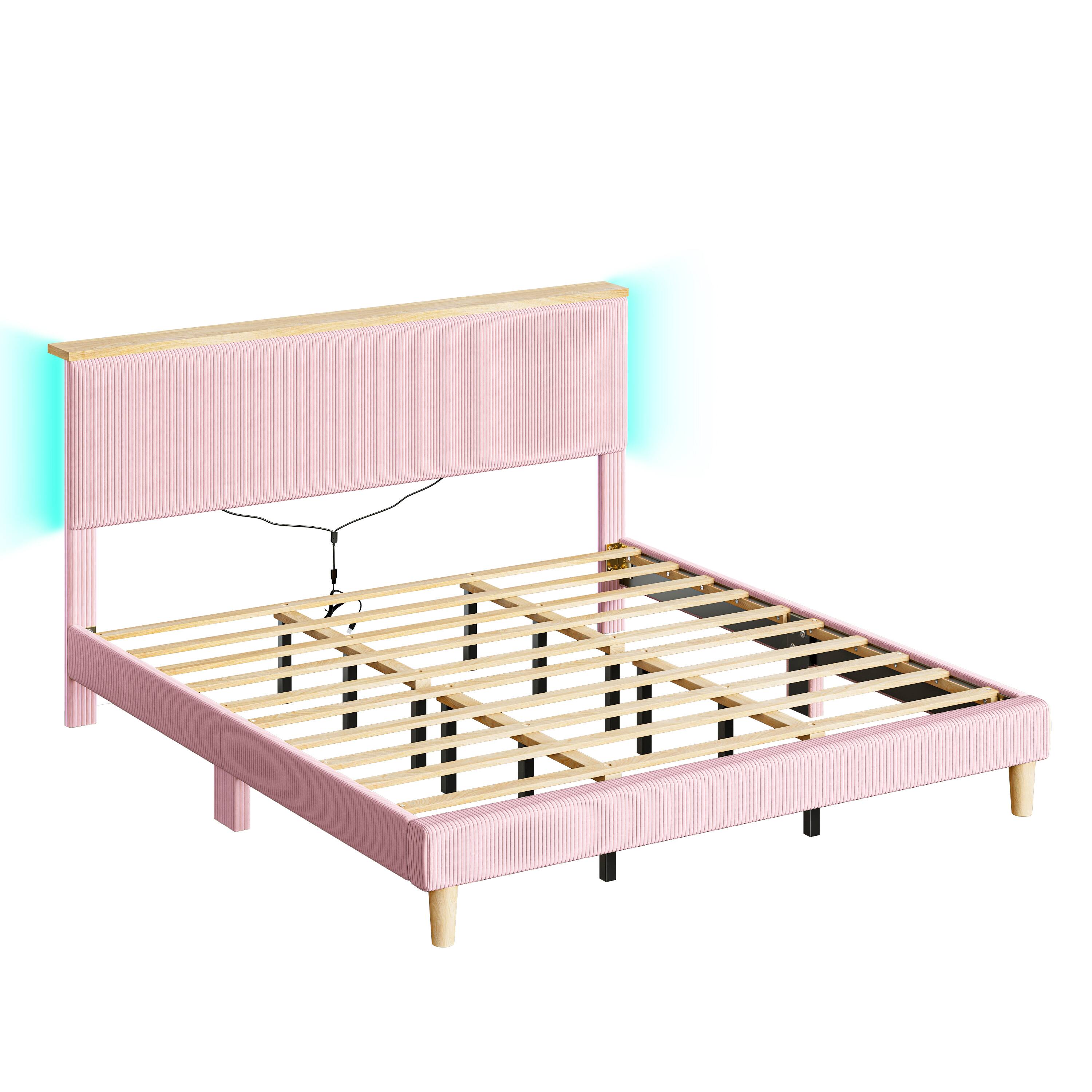 Left. Bestier - King Size Upholstered Platform Bed Frame with LED Lighting and Adjustable Storage Headboard for Bedroom - Pink.