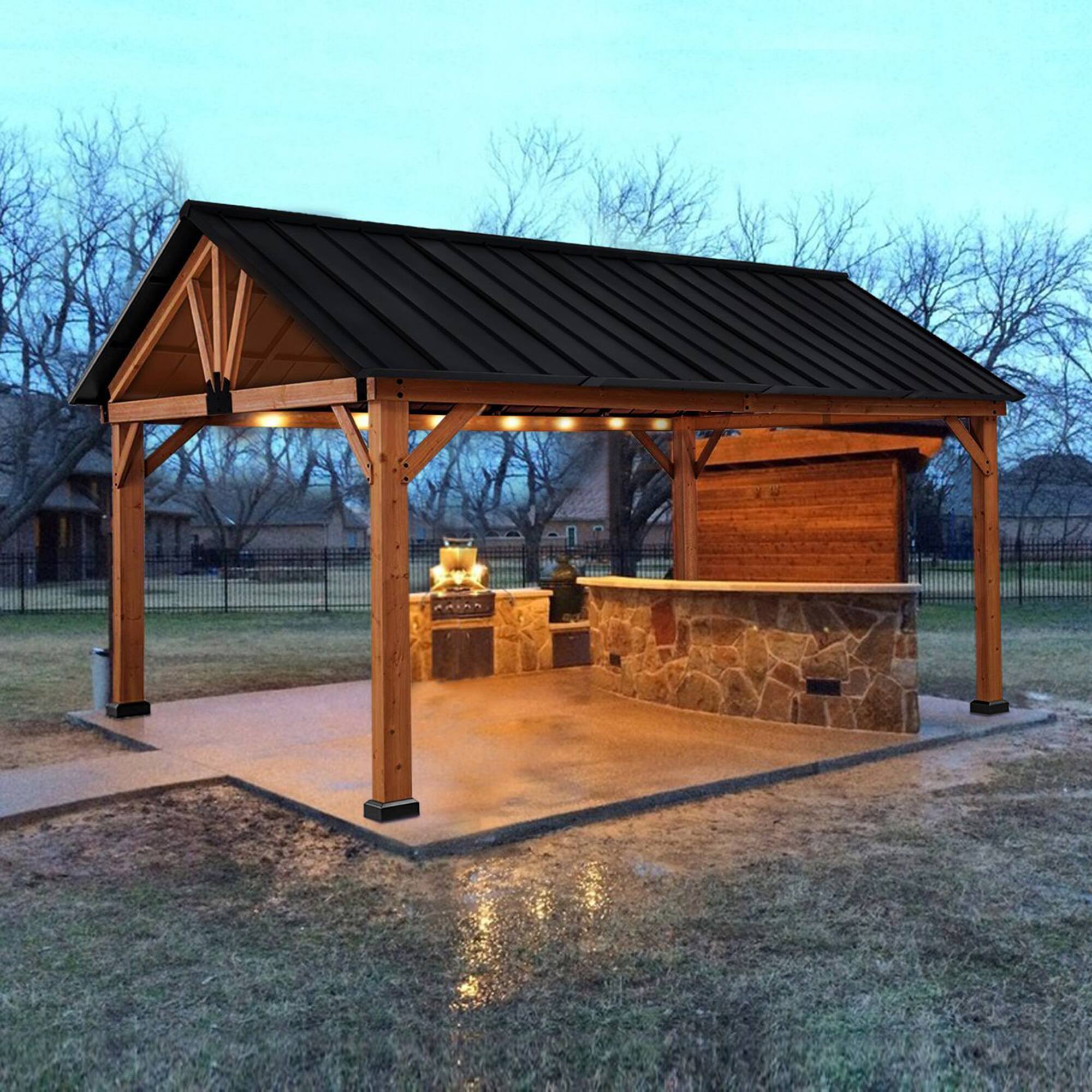 Alt View 1. Outsunny -  11' x 13' Hardtop Gazebo with Galvanized Steel Roof, Wooden Frame, Permanent Pavilion Outdoor Gazebo with Ceiling Hook - Natural, Black.