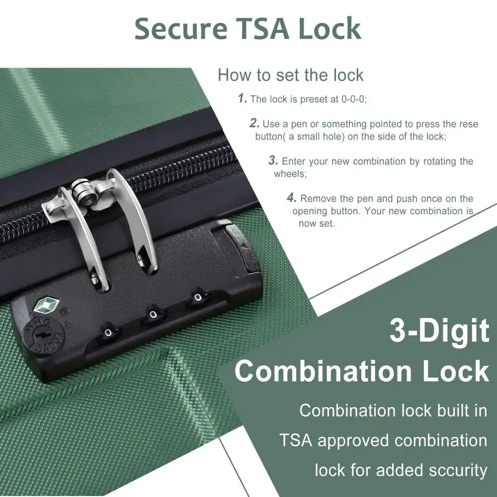Secure TSA Lock

How to set the lock
1. The lock is preset at 0-0-0;
2. Use a pen or something pointed to press the reset button (a small hole) on the side of the lock;
3. Enter your new combination by rotating the wheels;
4. Remove the pen and push once on the opening button. Your new combination is now set.

3-Digit Combination Lock
Combination lock built in TSA approved combination lock for added security