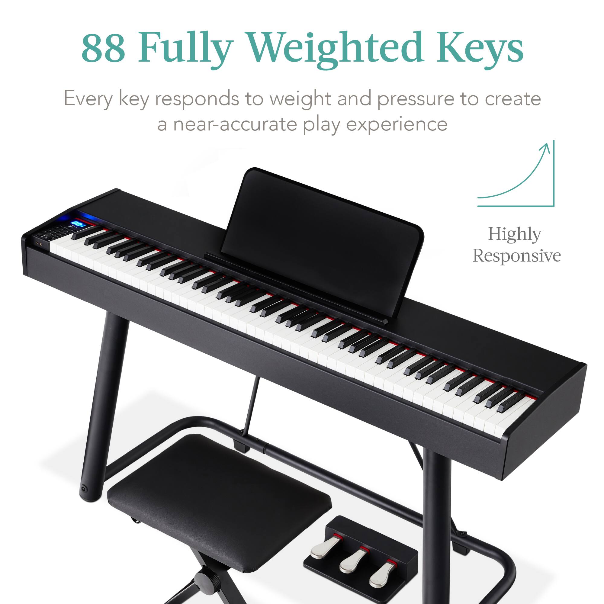 88 Fully Weighted Keys

Every key responds to weight and pressure to create a near-accurate play experience

Highly Responsive