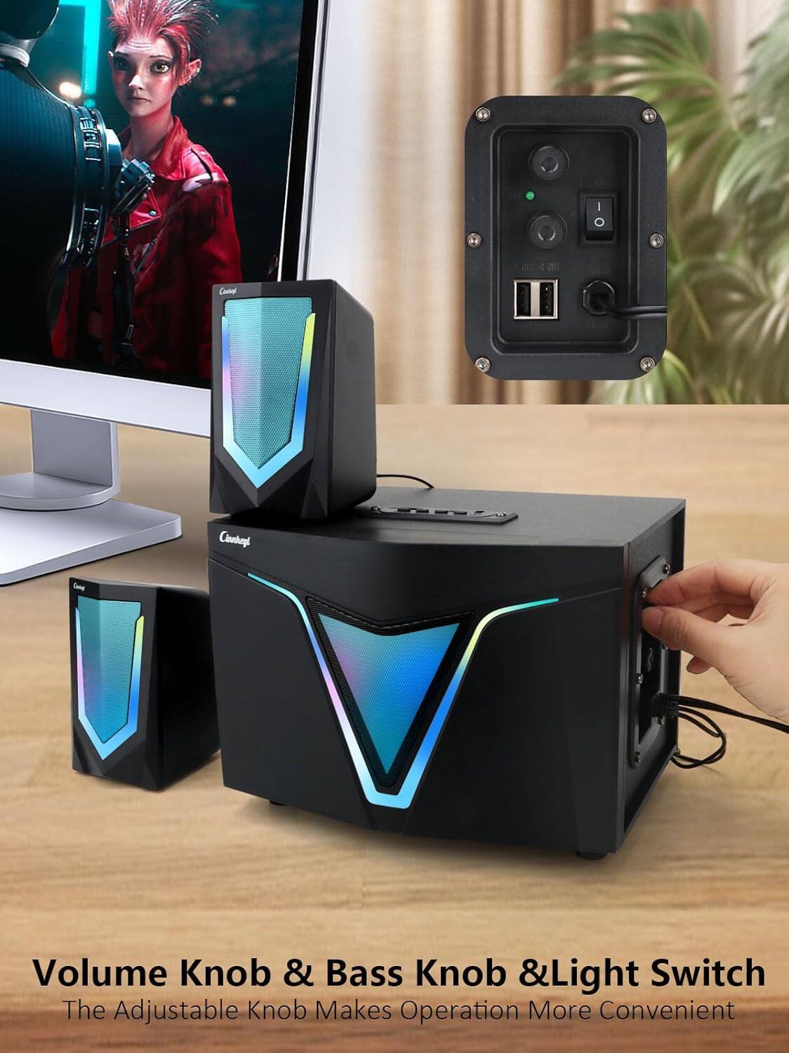 Volume Knob & Bass Knob & Light Switch  
The Adjustable Knob Makes Operation More Convenient