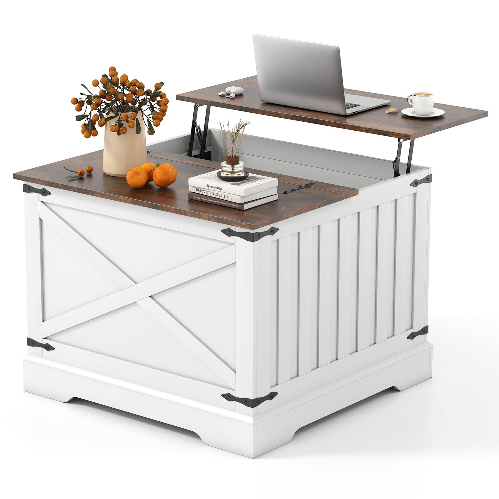 Gymax - 31.5'' Farmhouse Lift Top Coffee Table w/Hidden Storage Compartment for Home Rustic - Brown