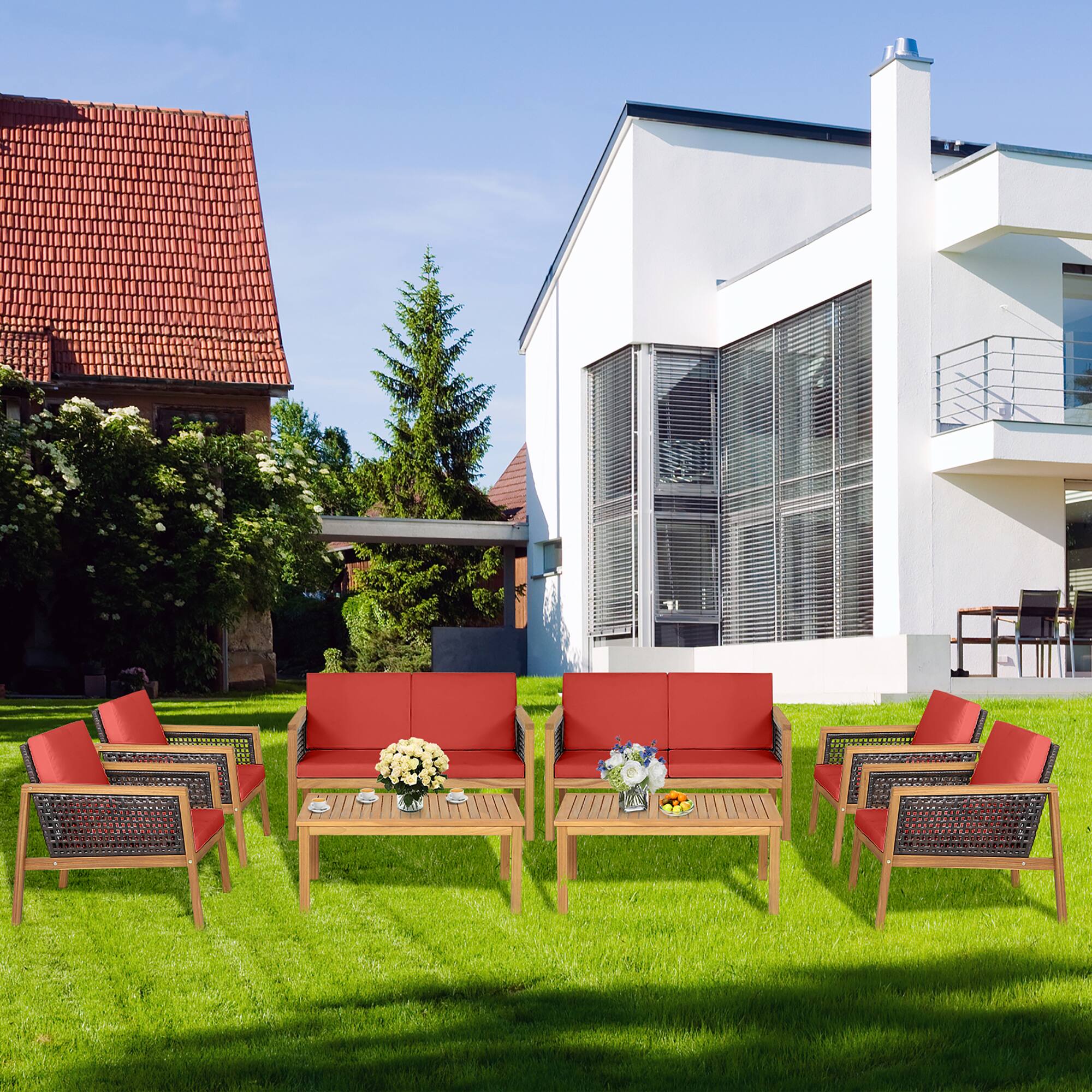 Alt View 1. Costway - Costway 8PCS Patio Rattan Furniture Set Acacia Wood Cushioned Sofa - Mix Brown,Red.